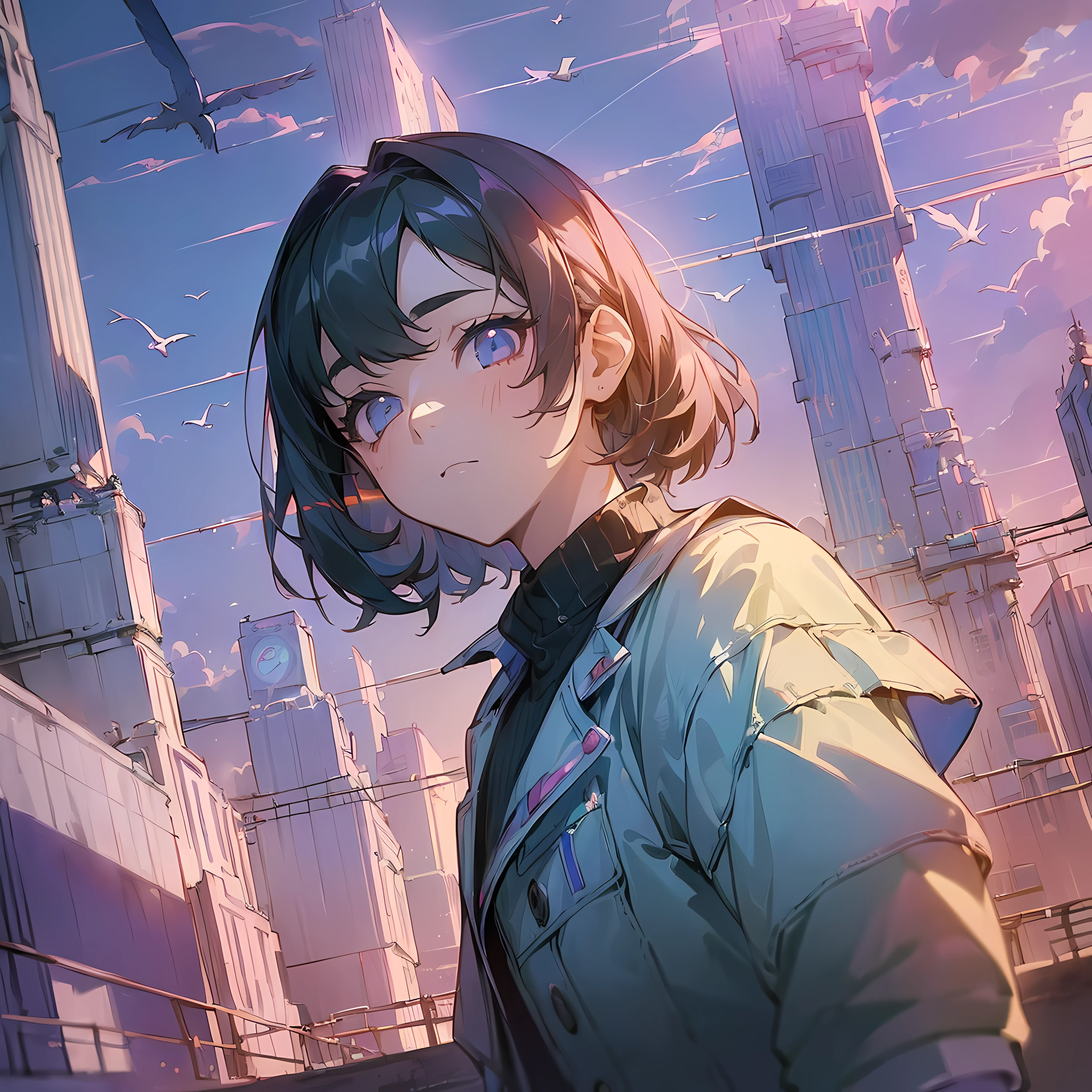 (masterpiece:1.5, best quality:1.5), ((VaporWave style, partially color)), close-up, from above, cinematic angle, power poles, birds to the sky, dusk, roxinho sky, (anime opening), 1girl, dramatic pose, city, urban life, (best shadows: 1.5, best lighting:1.5)