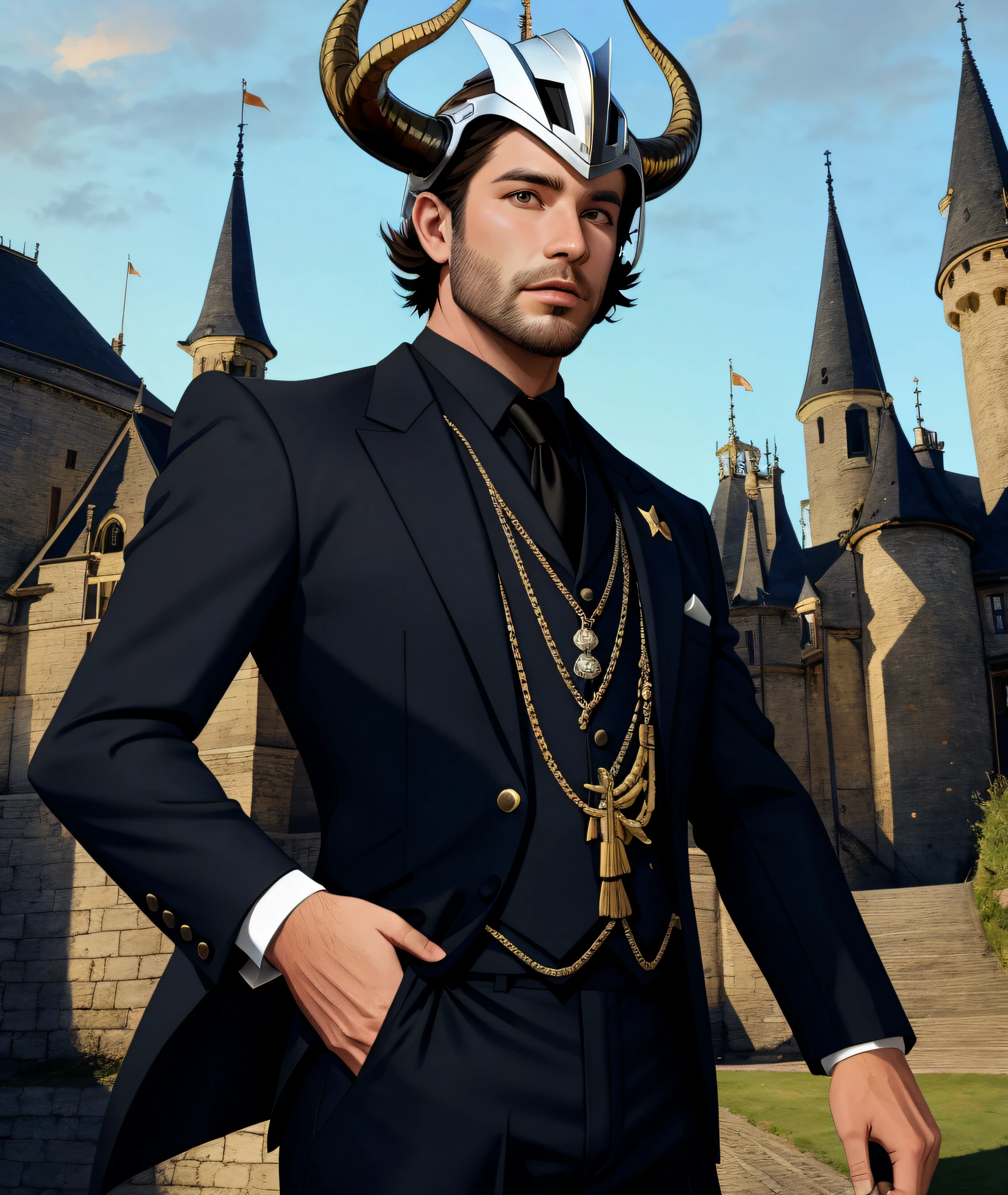 Cartoon image of a man in a suit and helmet with horns, inspired by Hendrik van Steenwijk II, in front of a medieval castle