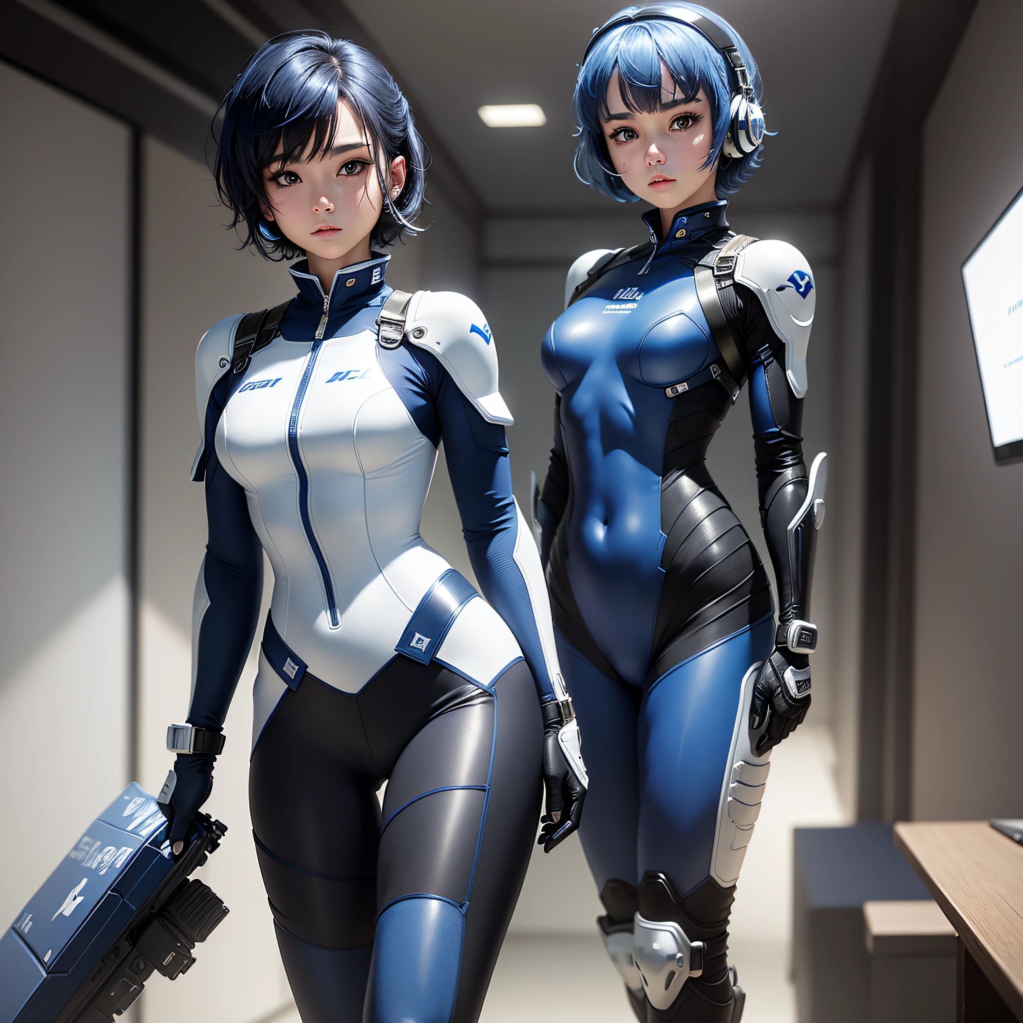 (Masterpiece, Best Quality, Best Resolution, distinct_image, Very Elaborate CG, Cinematic Lighting, Ray Tracing, Drop Shadows, Detailed Detail, (Photorealism: 1.4), High Quality Textures, Detailed, Realistic Face Expression: (Single Girl, Face Has Japan, Blue Haired Girl, Bob Cut, Small Size Breasts, Detailed Gundam cockpit with sparkly blue colored eyes, eye-level shots, metallic white and blue colored flight suits, tight-fitting clothes, full-body covering clothes, light smile, beauty, slim body, exoskeleton, heroine, headset, knee boots, gloves, solo ride)
