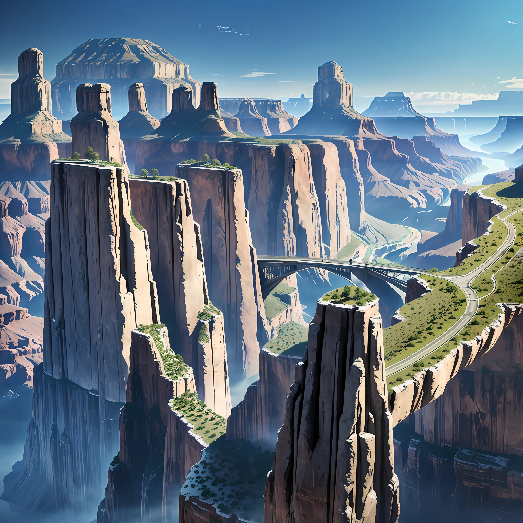 futuristic art of a futuristic bridge cliff House on grand Canyon with people walking over it, futuristic landscape, concept art 8 k, 8 k high detail concept art, futuristic architectural art, 8k concept art, 8 k concept art, surreal sci fi architecture, 8k stunning artwork, futuristic valley, smooth digital concept art, futuristic architecture concept, epic fantasy sci fi illustration, 8k resolution concept art --auto --s2