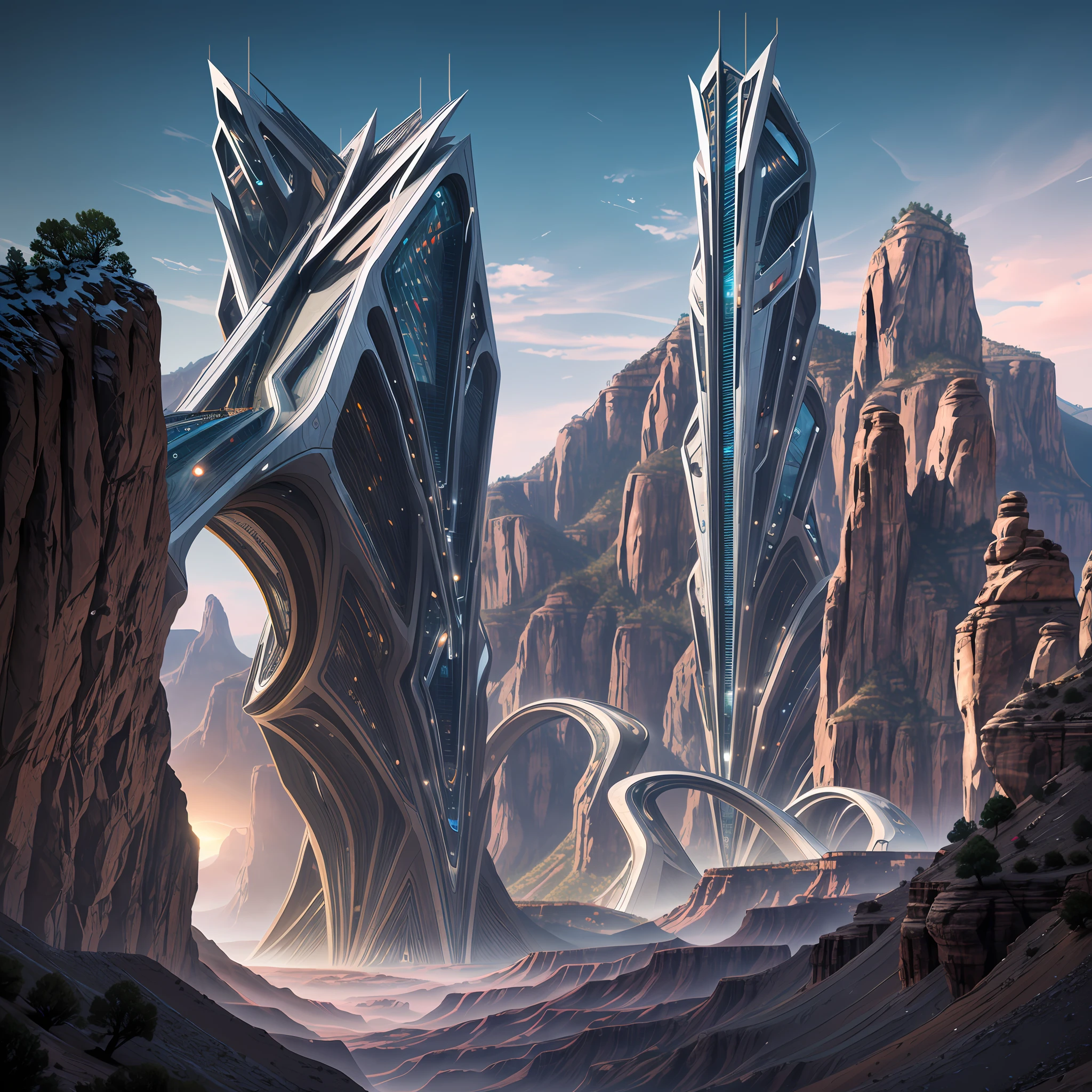 futuristic art of a futuristic bridge cliff House on grand Canyon with people walking over it, futuristic landscape, concept art 8 k, 8 k high detail concept art, futuristic architectural art, 8k concept art, 8 k concept art, surreal sci fi architecture, 8k stunning artwork, futuristic valley, smooth digital concept art, futuristic architecture concept, epic fantasy sci fi illustration, 8k resolution concept art --auto --s2