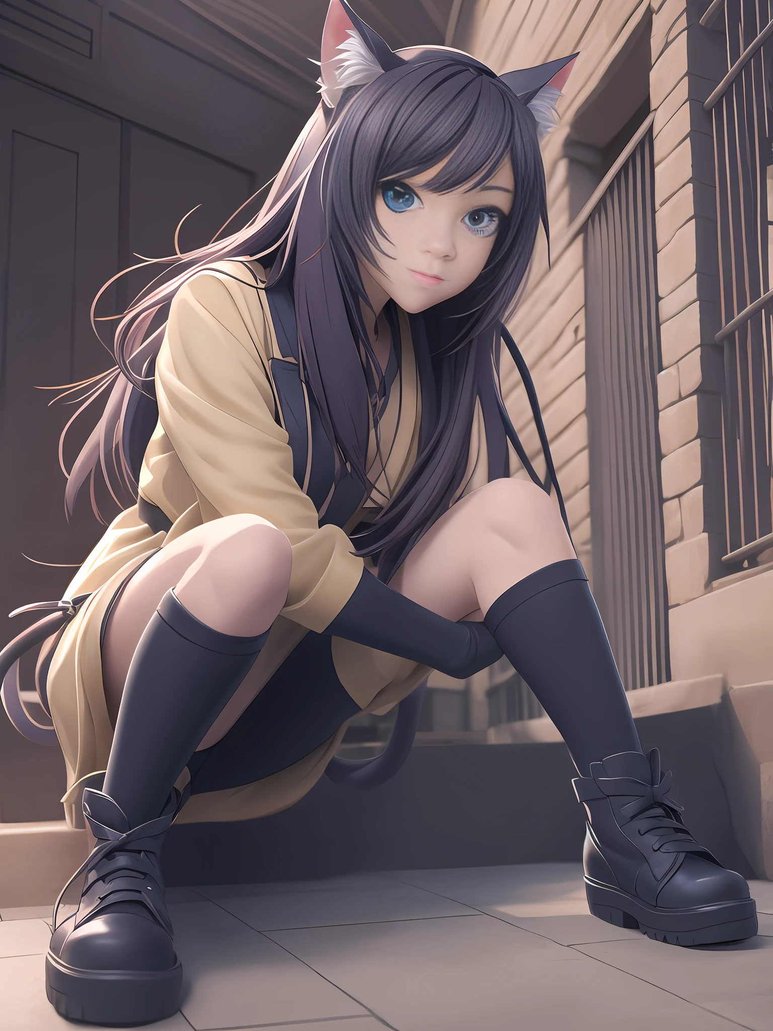 there is a young girl sitting on a step with a cat costume, a character portrait by Yang J, pixiv, furry art, realistic anime 3 d style, anime catgirl, beautiful young catgirl, cute anime catgirl, artwork in the style of guweiz, the anime girl is crouching, anime cat, beautiful anime catgirl