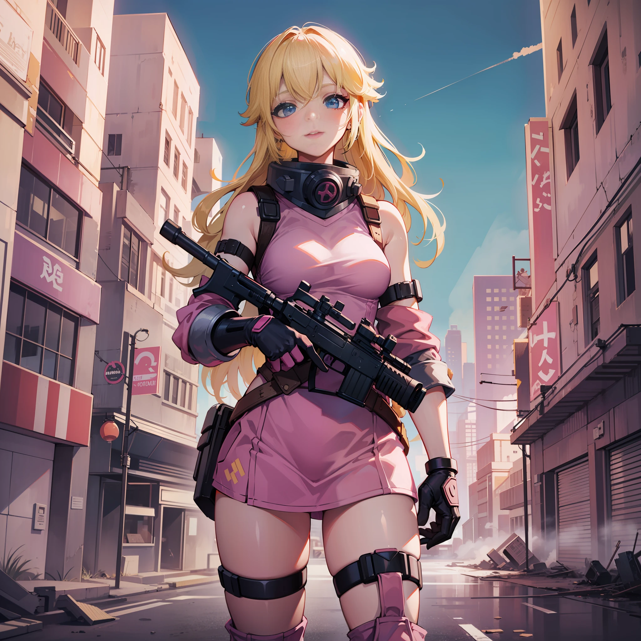 A woman, pink army outfit, athletic body, holding a gun, short clothes, blonde hair, blue eyes, long hair, in an apocalyptic city, deserted, destroyed city, princess peach,