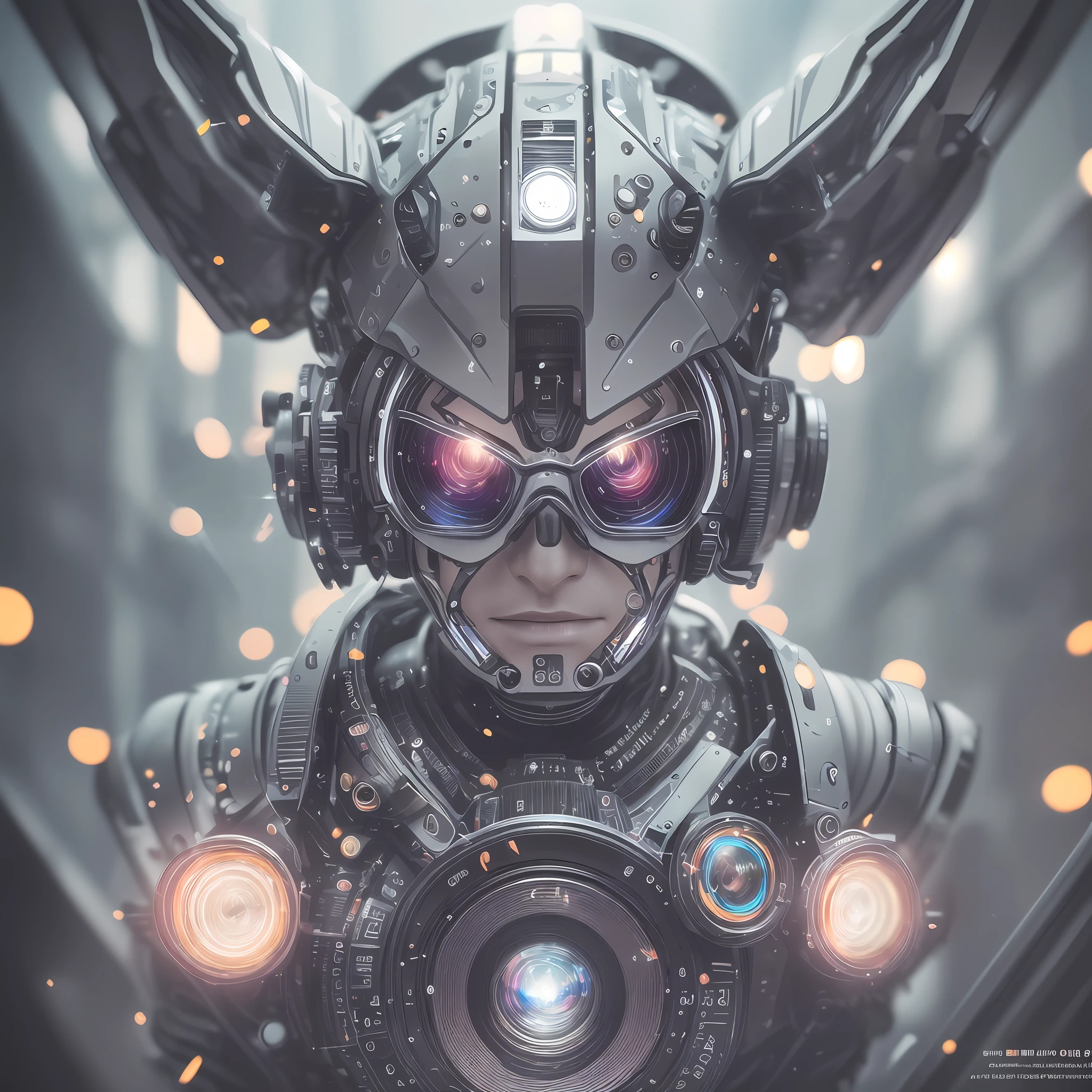 Cyborg, seen from the front, (symmetrical), ((work of art)), extremely realistic, graphic meleores, ultra realistic, futuristic, circuits, brightness, glasses, perfect face, sharp focus, 8k, HDR, shallow depth of field, wide light, high contrast, light brightnesses, chromatic, sharp focus, science fiction style, high-tech gadgets, masterpiece, best quality, (extremely detailed CG unit 8k wallpaper),  (best quality), (best illustration), (best shadow), absurd ress, realistic lighting, beautiful detailed brightness, light sparkles, chromatic, light sparkles, chromatic, (fiber optics:1.3) : 0.3], complex, elegant, hyper-realistic, octane render, unreal, high definition, highly detailed, photo taken with Sony a7R camera, DSLR lens --auto --s2