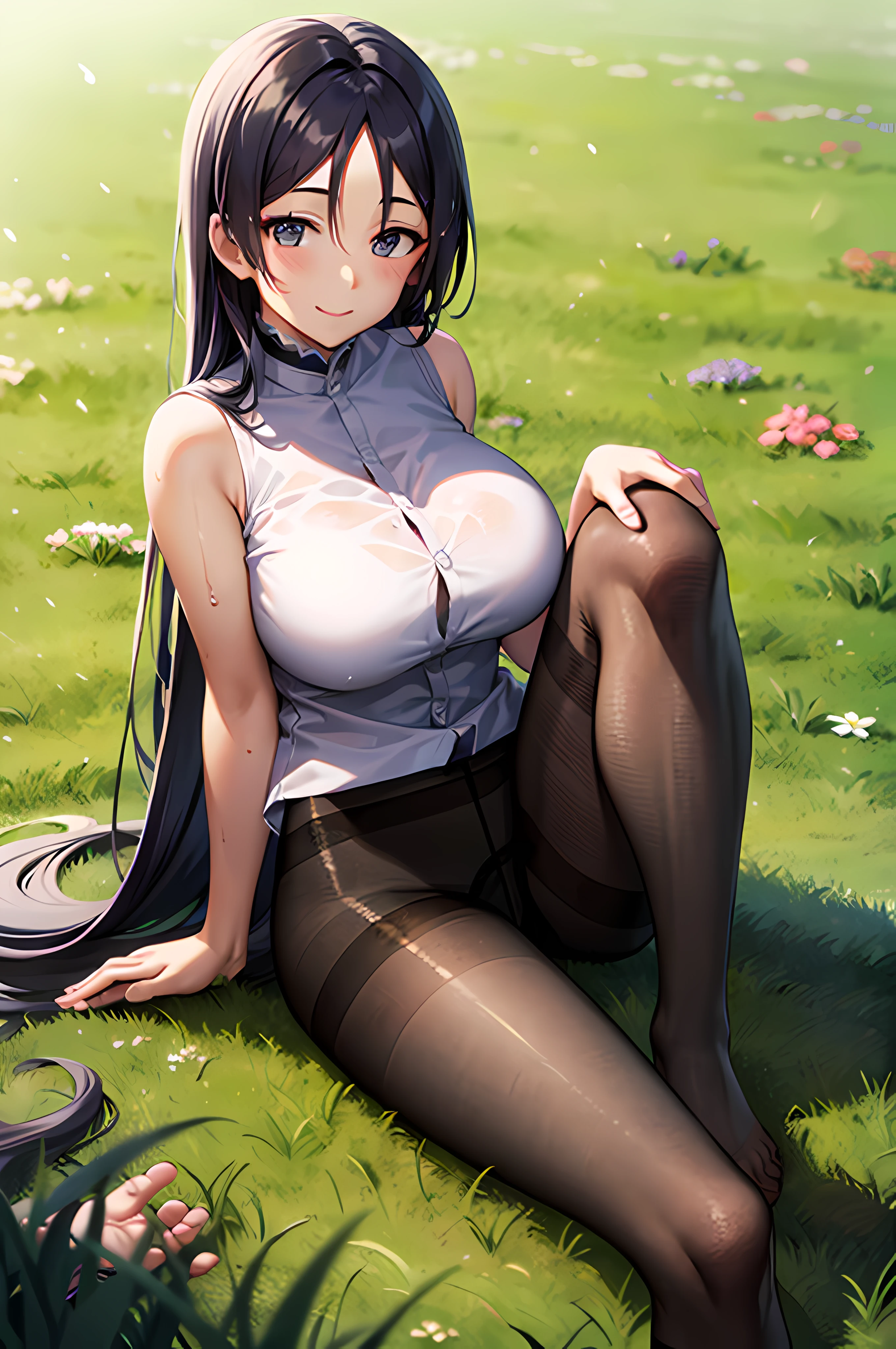 Masterpiece, best quality, high resolution, HS1,barefoot, knee up, (black pantyhose:1.5) sitting, sleeveless, looking at the audience, grass, long hair, big breasts, smile, outdoors, on the ground, all body, sunlight, dappled sunlight, daytime, depth of field, wet gorund,