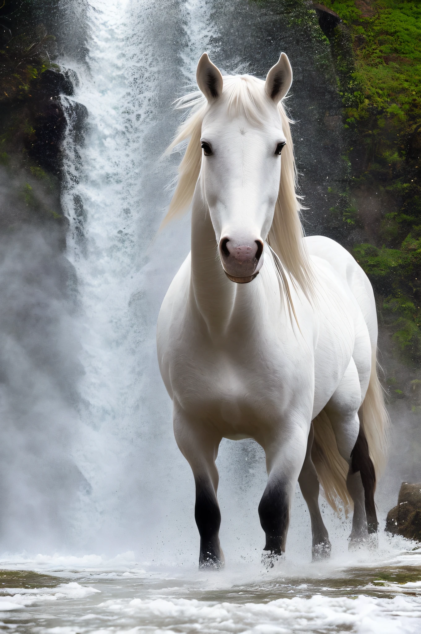 RAW photo, anthropomorphic, a white horse, wearing a white robe, full body, front, portrait, real world, highest quality, DSLR, fixed focus, contour light, cold tone, waterfall background, splash, Tyndall effect, cold light source, large contrast, large depth of field,