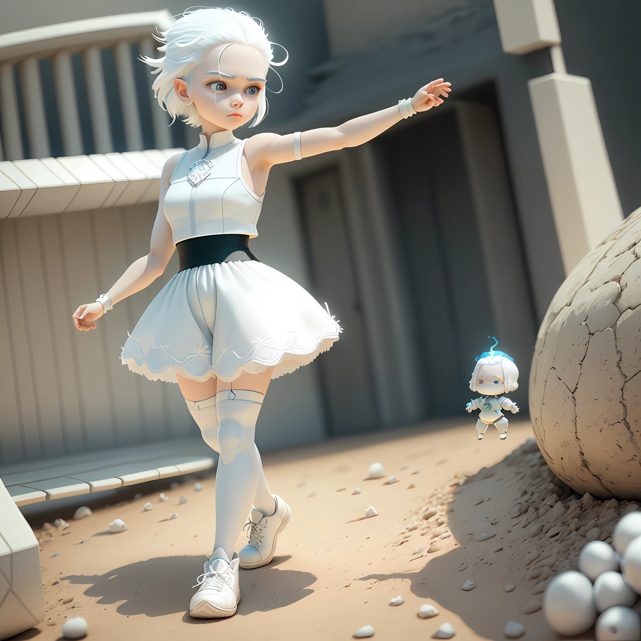 White bone essence, delicate hair, arm portrayal, white blue hair all over, delicate shoes, eye portrayal, delicate hair, popmart blind box, clay texture, stepping on the earth, black and white background, natural lighting, best quality, hyper detail, 3d art, c4d, oc renderer, 3d rendering, 8k