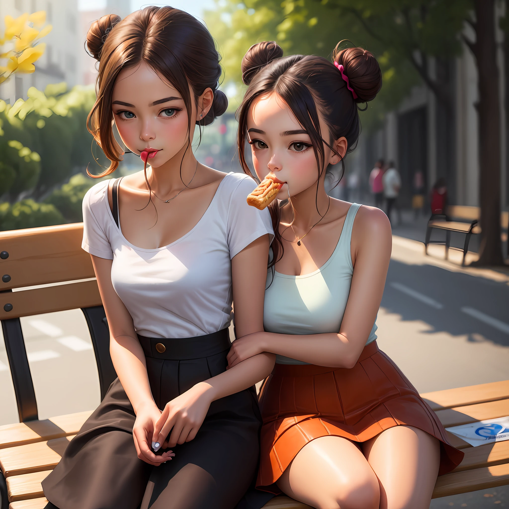 (digital painting),(best quality), a girl eating a bun pastry, bun up to mouth, looking cute, hair pulled back, face in clear detail, the background is her sitting on a bench.