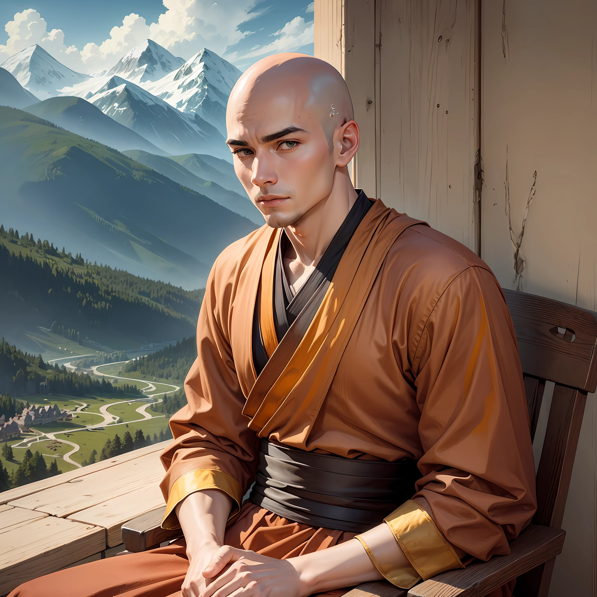 A bald young monk sitting in a chair facing his master on the mountain, realistic
