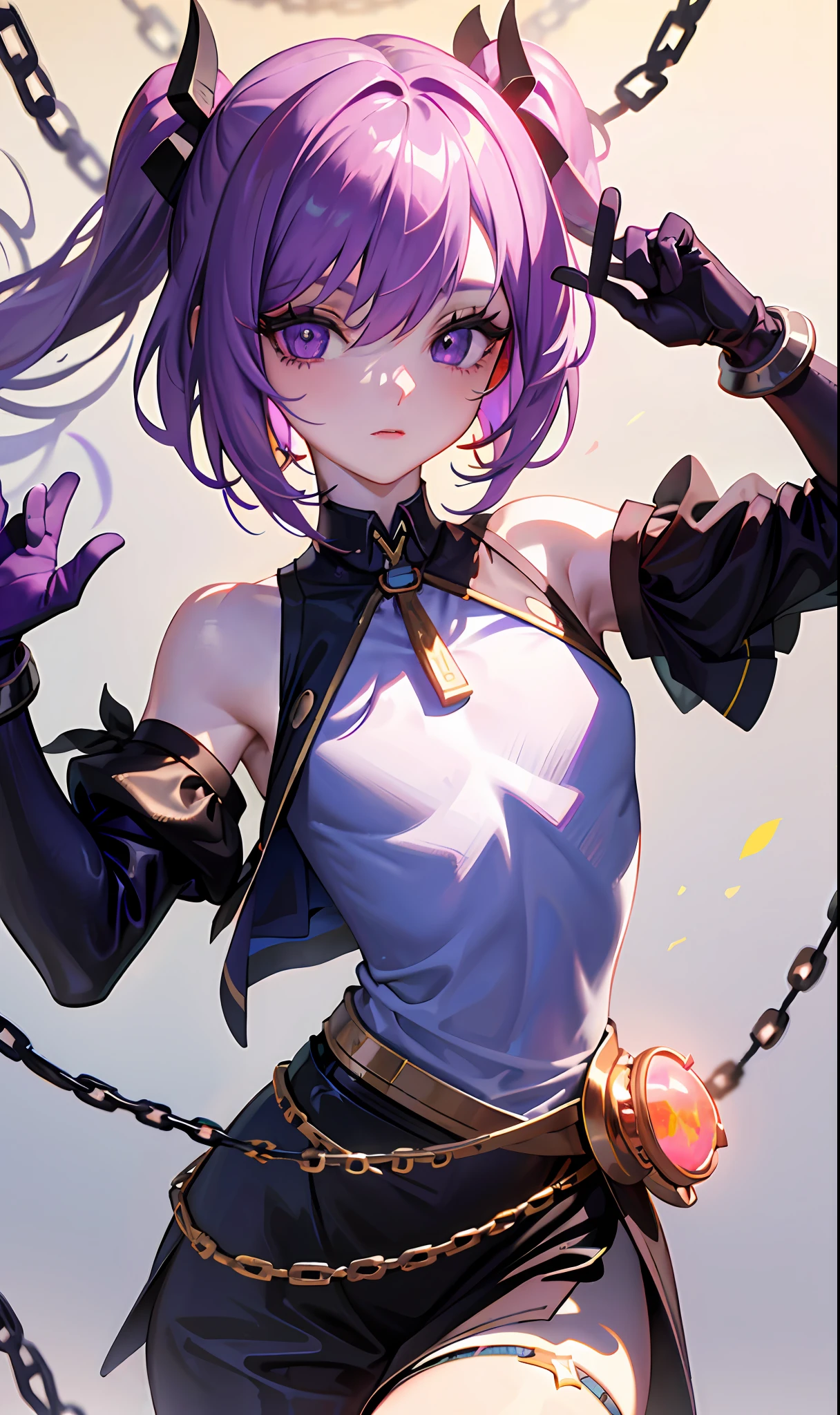 (Masterpiece, Side Light, Fine Beautiful Eyes: 1.2), (Masterpiece* Portrait), Portrait, (Bust), Realistic, Anatomically Correct, 3D Face, Sweet Skin, (Solo), Highlights, Gradient Hair, (Close-up of Face), Cute Face, (Fire Opal-like Purple Eyes), Hanging Eye Corner, ((High Detail Skin, Visible Pores)), (Perfect Figure), A Beautiful Girl, Small Breasts, ((band_uniform)), (Neck Ring), Very, very short short gloves, (chains)