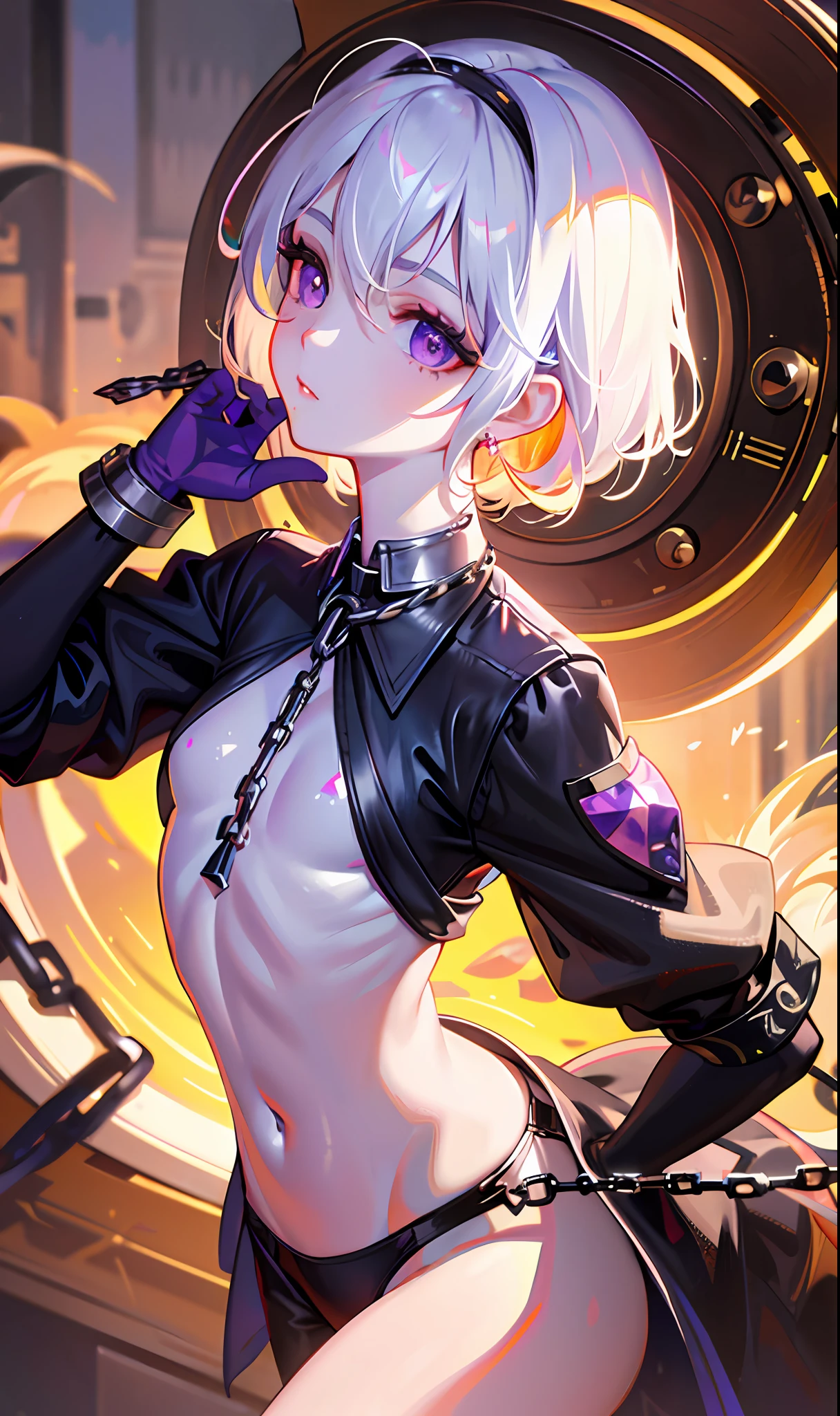 (Masterpiece, Side Light, Fine Beautiful Eyes: 1.2), (Masterpiece* Portrait), Portrait, (Bust), Realistic, Anatomically Correct, 3D Face, Sweet Skin, (Solo), Highlights, Gradient Hair, (Close-up of Face), Cute Face, (Fire Opal-like Purple Eyes), Hanging Eye Corner, ((High Detail Skin, Visible Pores)), (Perfect Figure), A Beautiful Girl, Small Breasts, ((band_uniform)), (Neck Ring), Very, very short short gloves, (chains)