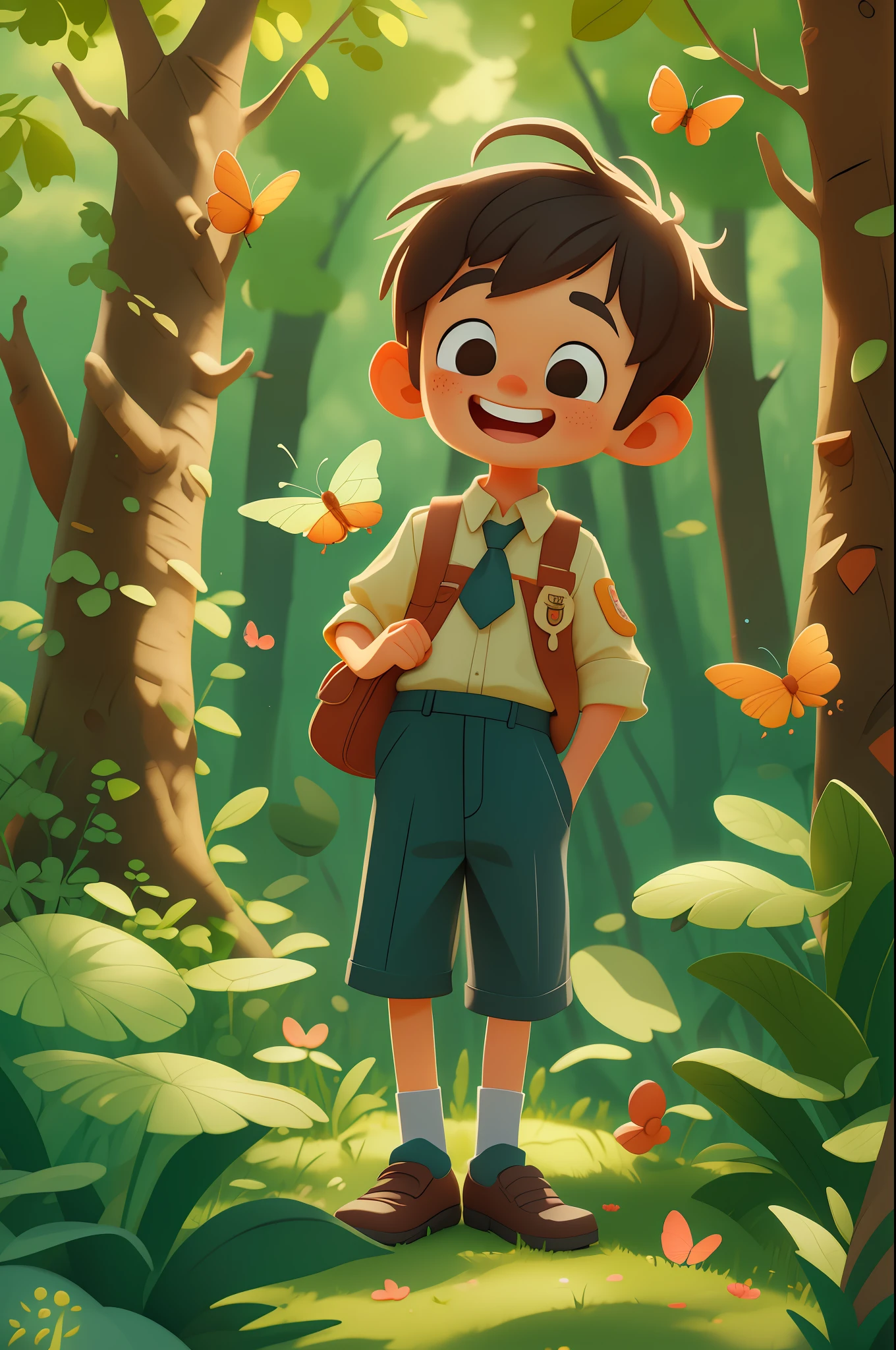 A happy cute boy standing short hair, wearing a school uniform, playing with a butterfly, outdoors, forest background, child, toon, pixar style, 3d, cartoon, detailed face, asymmetrical