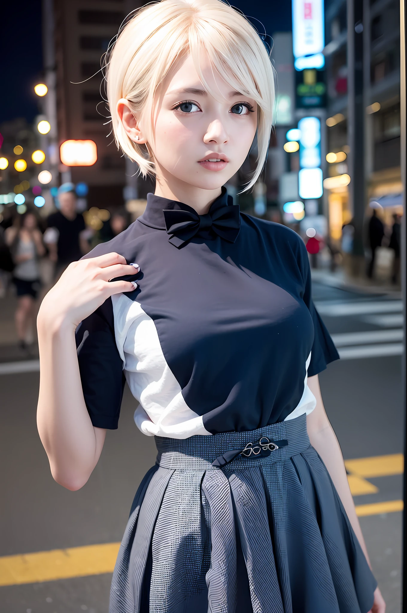 (8k, RAW photo, best quality, masterpiece:1.3),(realistic,photo-realistic:1.37),(night),(looking at viewer:1.331),(white hair),posing,Tokyo street,nightcityscape, cyberpunk city,soft light,1girl,extremely beautiful face,bust,put down hands,Random hairstyle,Random expression,big eyes, ,lower abdomen,(short-sleeved JK_shirt),JK_style,(dark blue JK_skirt) ,(bow JK_tie),mix4, detailed eyes