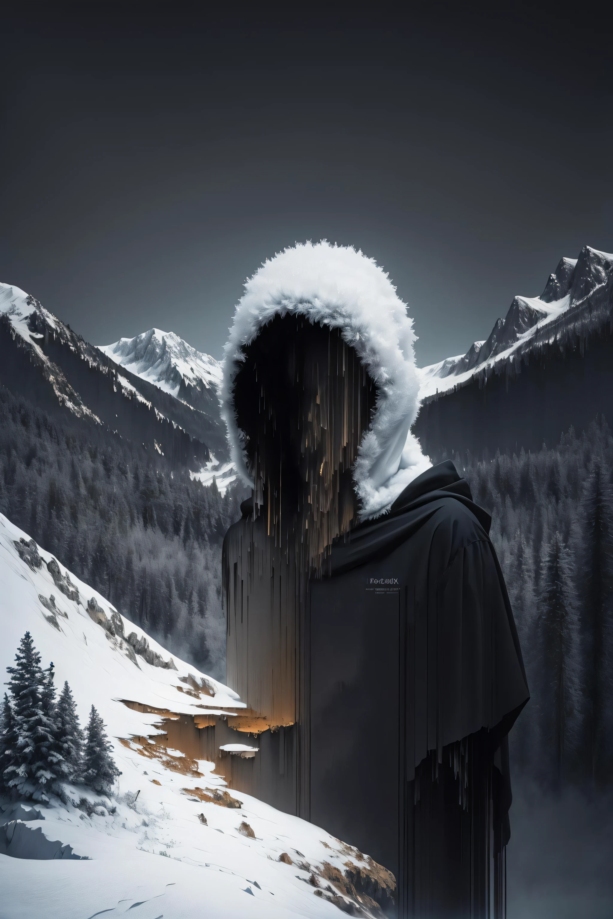 pixel sorting, abstract painting of a man in casual black hood portrait fused with snowy mountain forest, intricate background