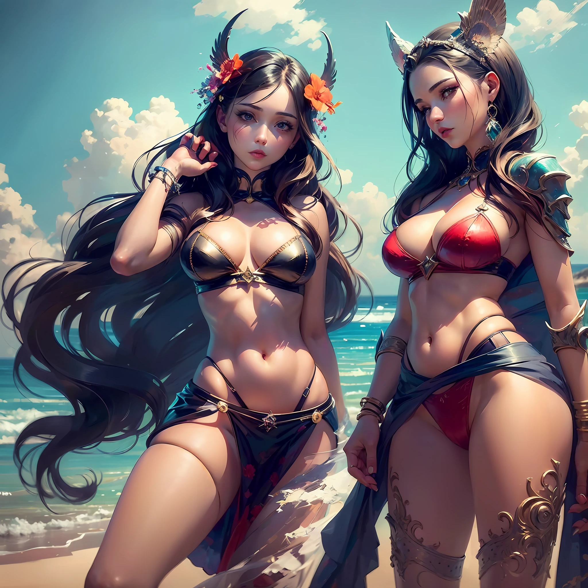 A closeup of a woman with two adas, on a beach, Sciamanoextremely detailed, model irelia League of Legends, Artgerm Lau, Style Sciamano, Sciamano detailed, Concept art | aSciamano, Sciamano on artstation pixiv, irelia, Sciamano style, Sciamano style, Sciamano, 8k, high quality, bikini, red color bra, tight panties, dark blue panties, transparent skirt, knee length skirt, transparent white skirt, knives on the back, long black hair, defined adomen, thick thighs, prancing ass, beautiful smile --auto --s2