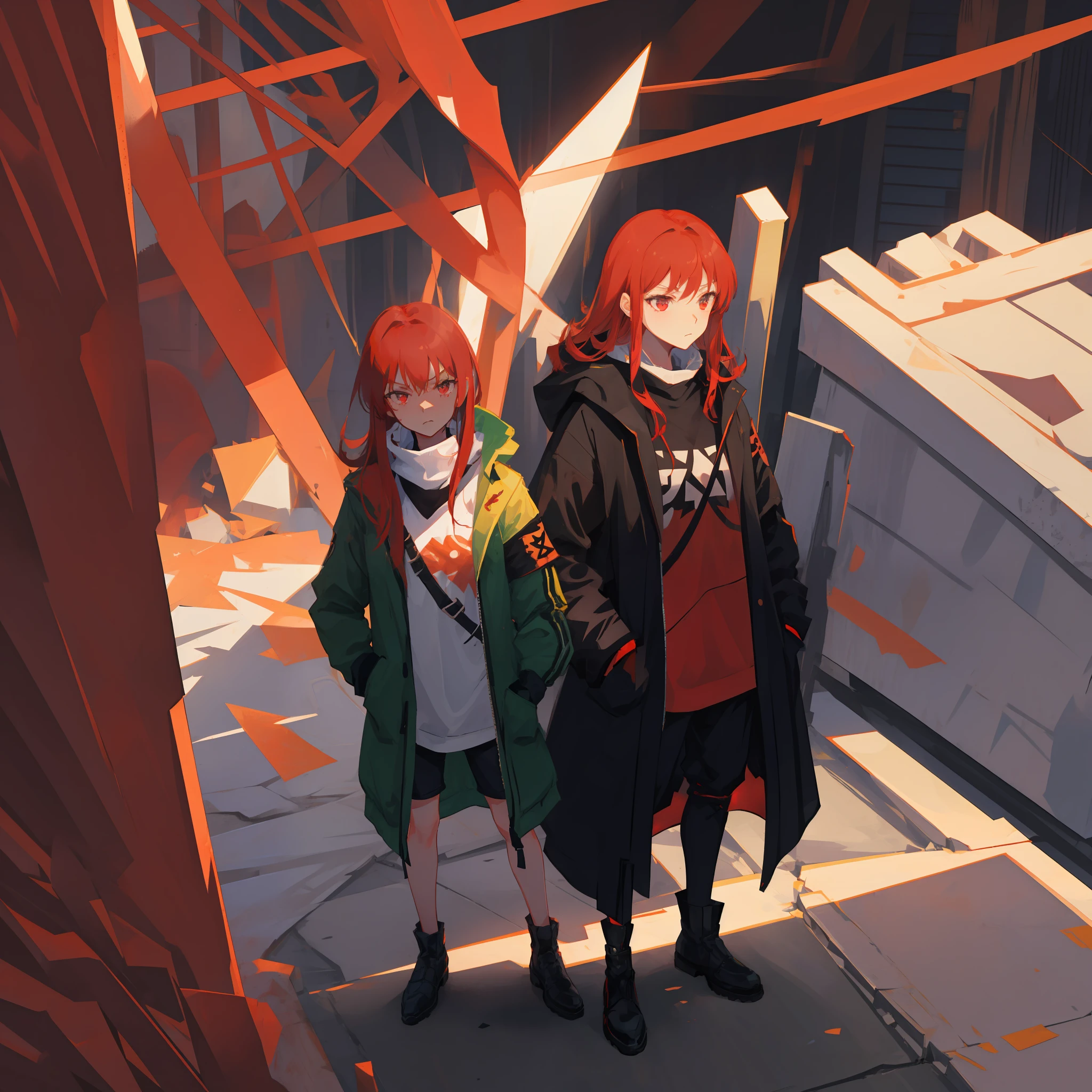 A girl with red hair, long hair, dull hair, red eyes, fierce expression, black coat, fingerless black gloves, armbands, punk costume, hands in pockets