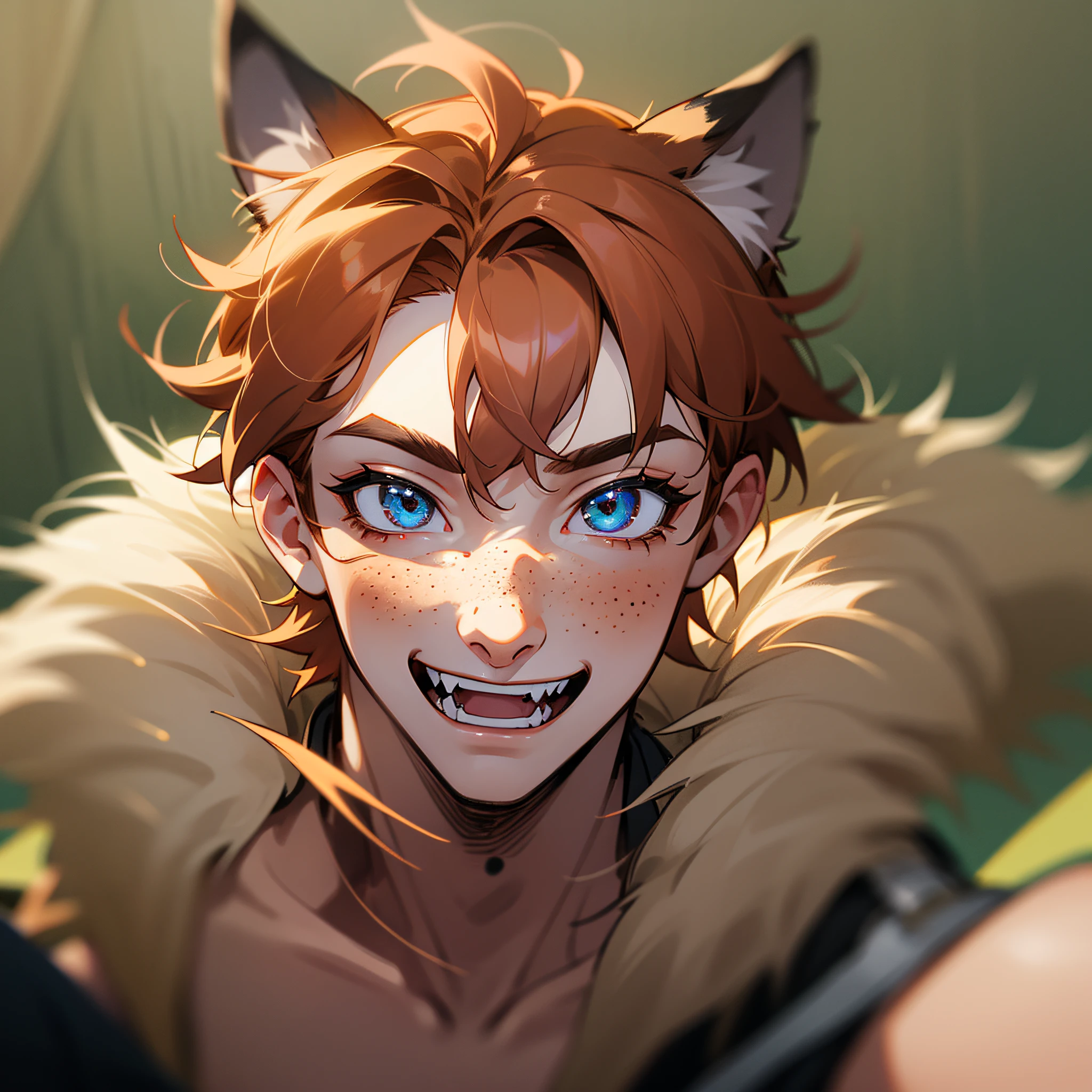 1boy, dogboy, dalmatien hybrid, dog ears, unique, sharp fangs, ginger hair, large freckles, puppy, captivating eyes, distinctive features, solo, RAW full body photo of a male dog hybrid, masculine, 20yo, sharp focus, detailed face, short hair, cinematic lighting, intricate background, blurry foreground, smile, happy