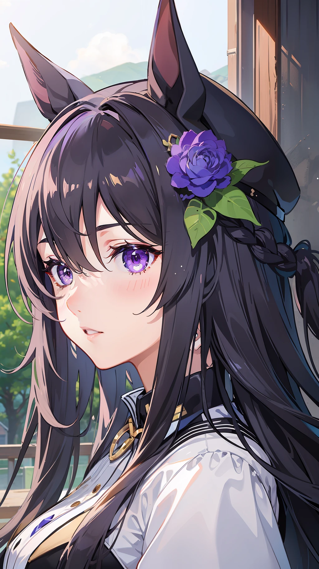 rice shower (umamusume) ,animal ears ,horse ears ,horse girl ,horse tail,long hair ,game cg,master piece,purple eyes, black hair ,blue flower ,hair over one eye ,hat