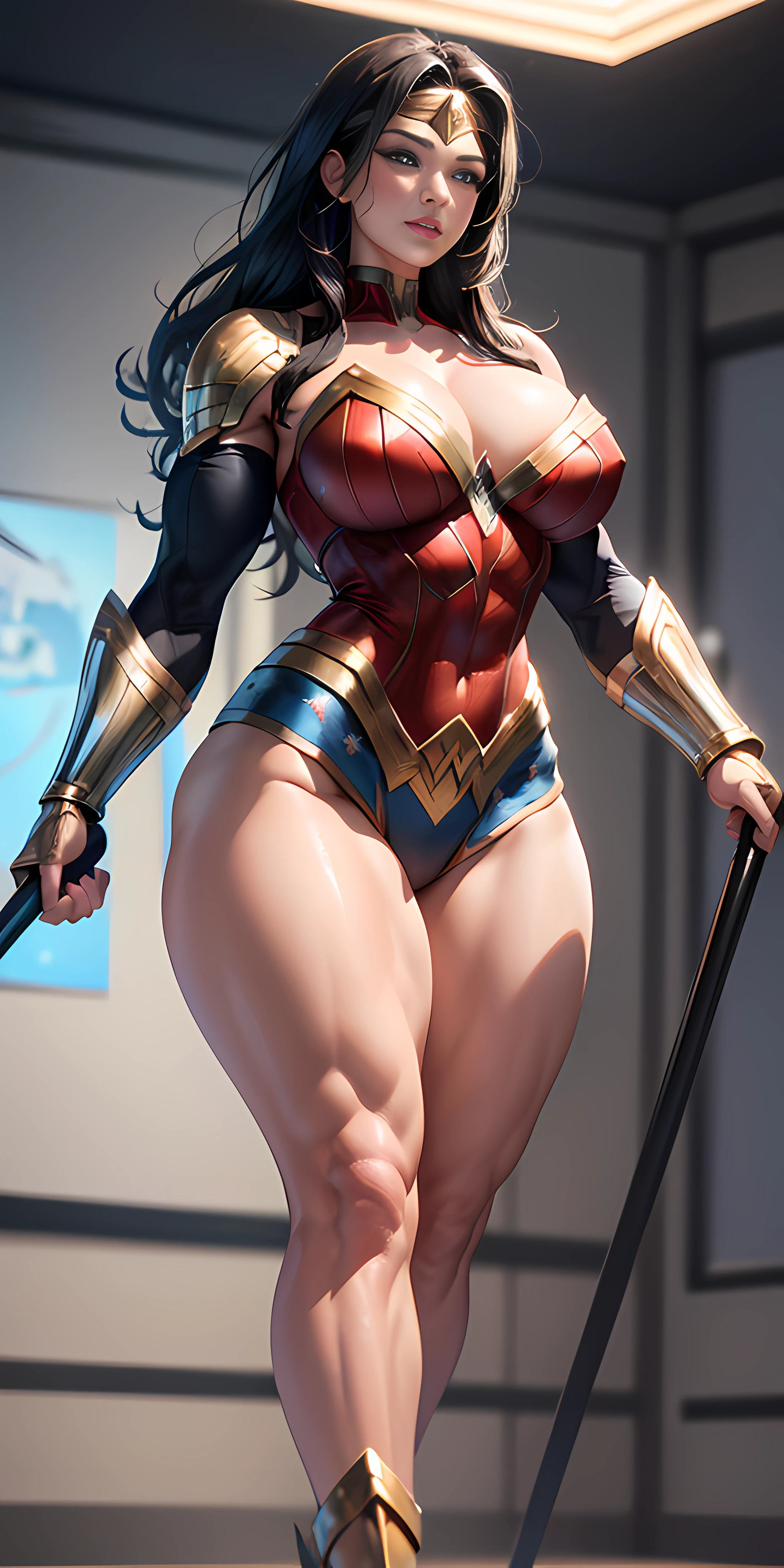 (Sexy Wonder Woman outfit: 1.6), (Black suit: 1.1), ((highest quality)), ((Masterpiece)), (detail), training room background with ultra muscular female warriors in the background, (high resolution: 1.3) 1girl's photo, (Black outfit: 1.1), massive and veiny bodybuilder dressed as Wonder Woman, ((intricate details, makeup), (beautiful face, perfectly proportioned face), high detail skin, thick skin, best proportions four fingers and one thumb, large light violet and realistic eyes, strong look, realistic black hair, lips, makeup, natural skin texture, tiara, bullet-resistant cuffs, slightly sunburned skin tone, massive, sexy, elastic muscles (muscles: 4), ((strong and healthy body)), ((more) muscles))), long, curved legs, very thick and very muscular thighs, wide and large buttocks, thick legs, (large breasts: 3), thin waist, soft waist, (detailed skin), (shiny skin), (beautiful and sexy woman), (swollen lips: 0.9), (eyelashes: 1.2), scary muscle size with big veins), smiling and self-confident, very detailed, full head, full body, whole legs, full arm (highly detailed CG integration, 8k wallpaper), high detail, realistic, sharp, cinematic focus, in a Viking-style training center, at night lit with torches, --auto --s2