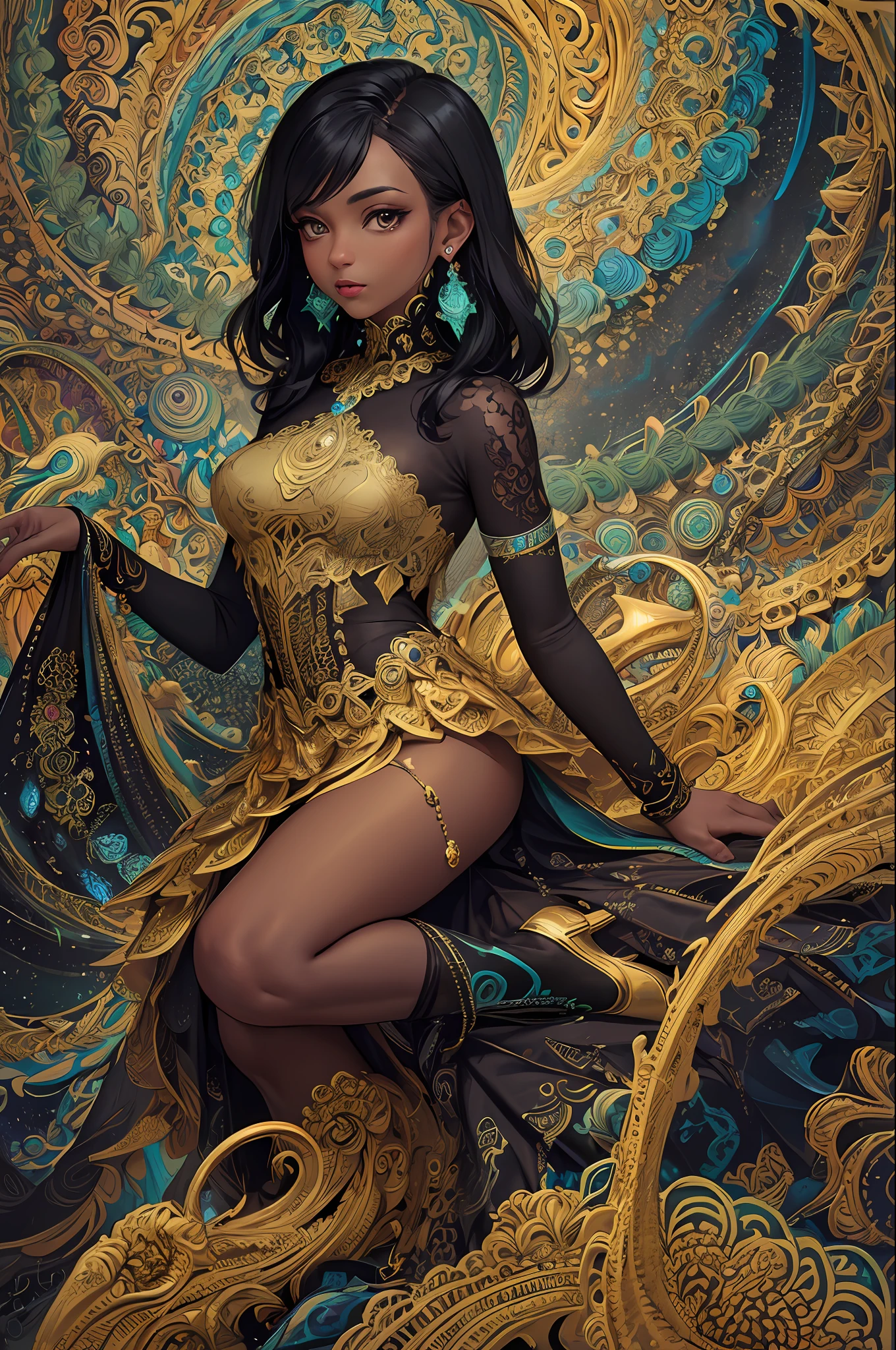 (masterpiece, top quality, best quality, official art, beautiful and aesthetic:1.2), (1girl:1.3), extremely detailed,(fractal art:1.1),(colorful:1.1)(flowers:1.3),highest detailed,(zentangle:1.2), (dynamic pose), (abstract background:1.3), (shiny black skin), (many colors:1.4), ,(earrings:1.4),