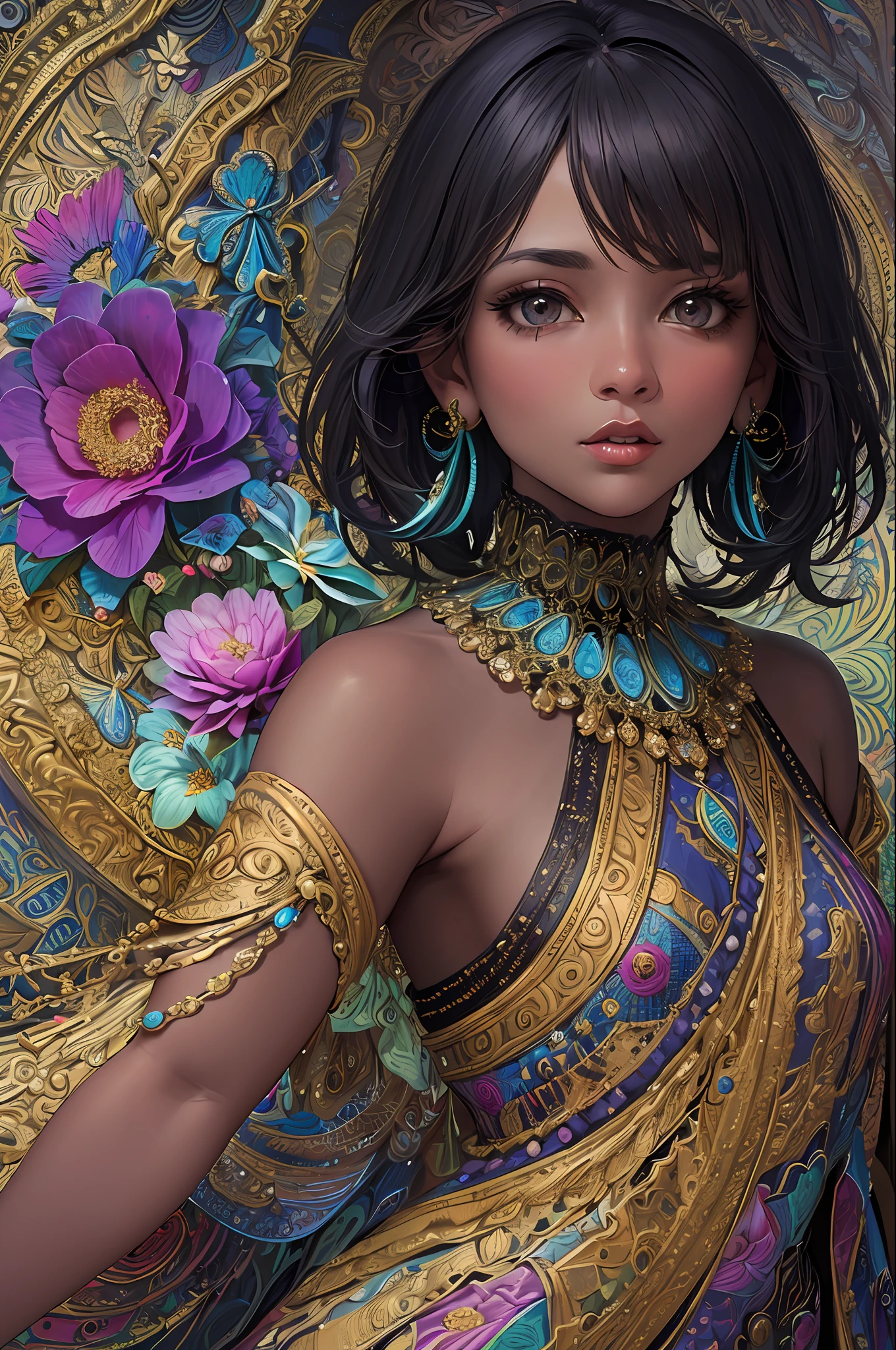 (masterpiece, top quality, best quality, official art, beautiful and aesthetic:1.2), (1girl:1.3), extremely detailed,(fractal art:1.1),(colorful:1.1)(flowers:1.3),highest detailed,(zentangle:1.2), (dynamic pose), (abstract background:1.3), (shiny black skin), (many colors:1.4), ,(earrings:1.4),