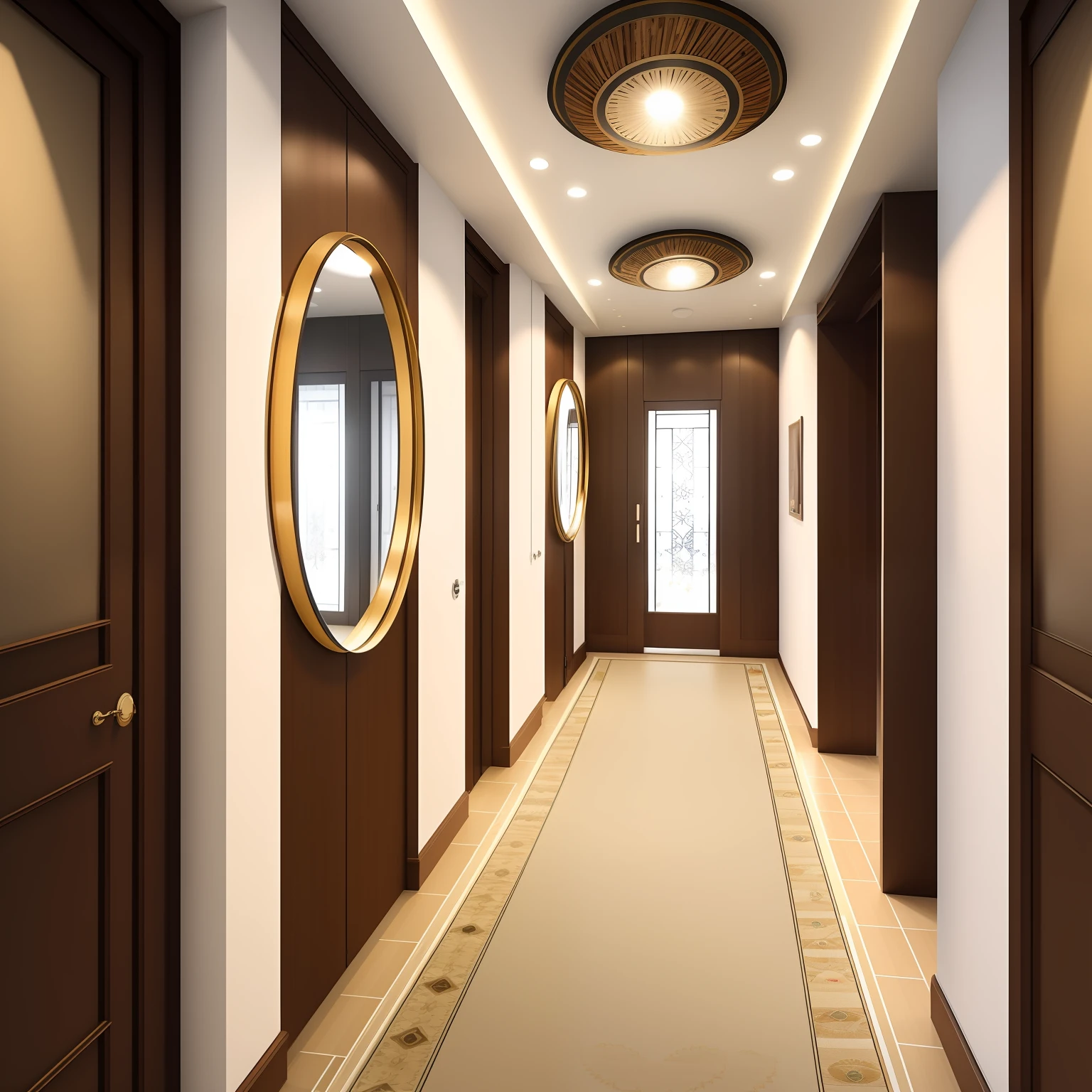 Elevator hall with round mirror aosrador of wood, illuminated canopy, wall in color jute carpet Suvinil, floor in light beige porcelain tile 60cm x 60cm, measure of 3m x 2m