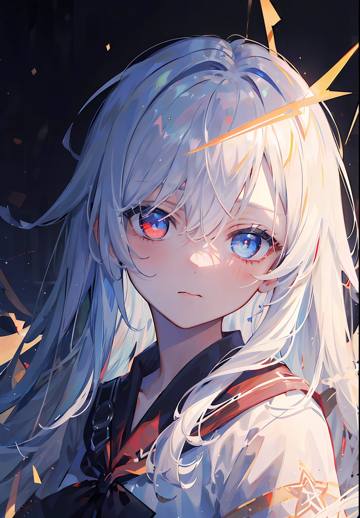 (((Masterpiece)), ((Ultra Detailed)), pixiv, Best Shadow, Best Lighting, Best Quality, Film Shooting, Lightning, Solo, Abstract, 1girl, Looking at the audience, black background, pentagram, bangs, blue eyes, white hair, portrait, heterochromatic, six-pointed star, red eyes