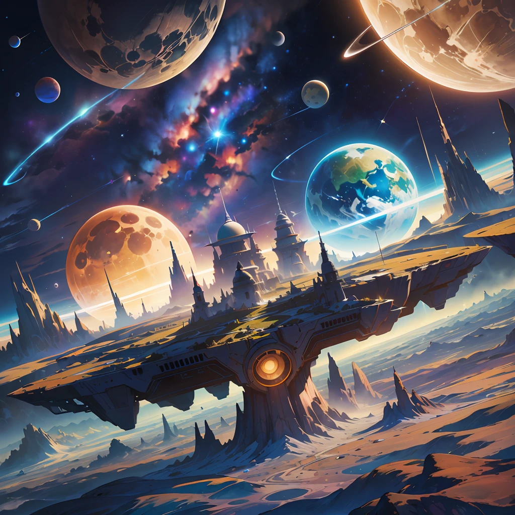 fking scifi, Award-winning poster watercolor (planetstain:0.6), a nebula visible in the background, comet, shooting star, solar eclipse, (fkGPK v2023060603:1.25),