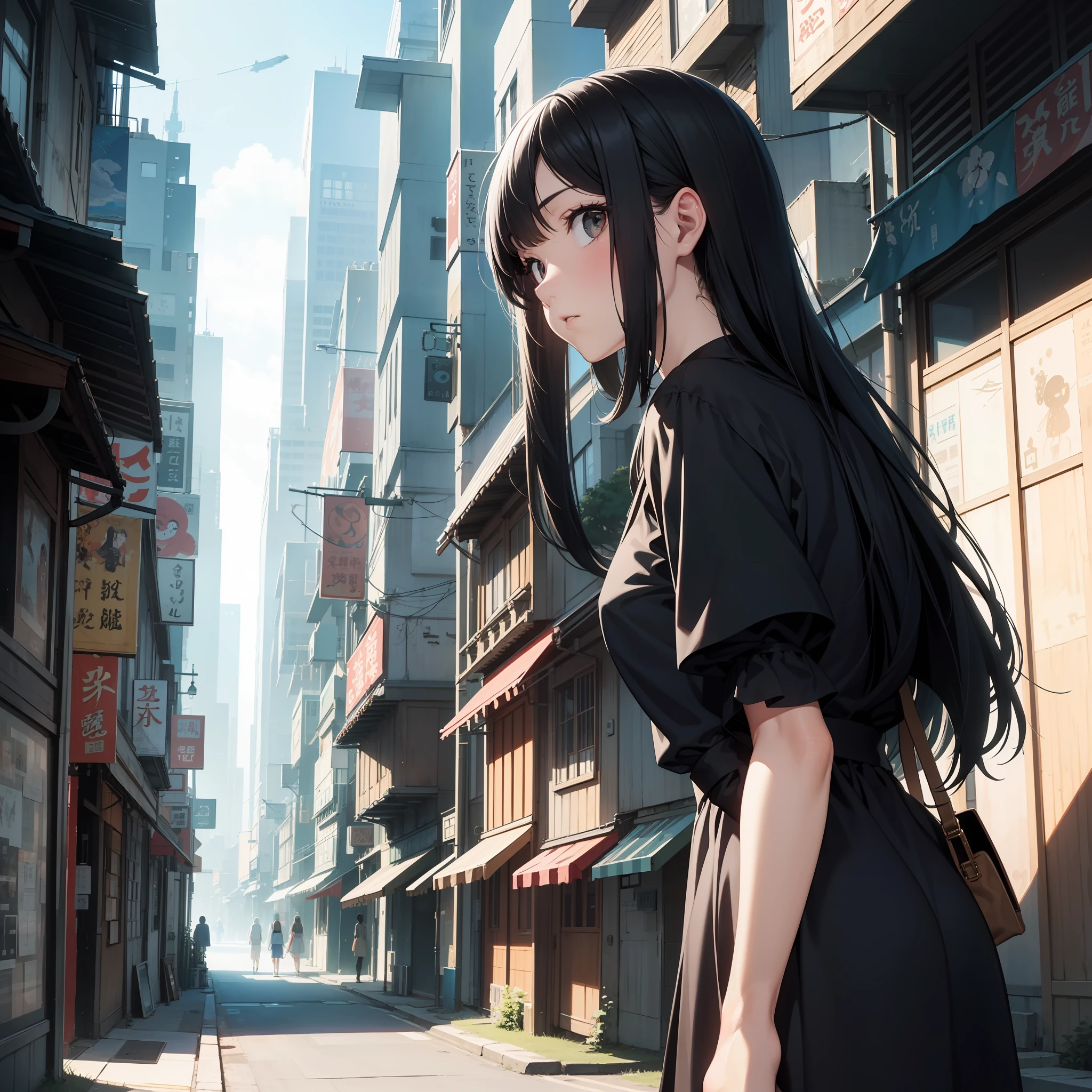 Best Quality Original Characters, Volume Lighting, Long Black Hair, Summer Dress, Background Painting Ghibli Style, Futuristic City