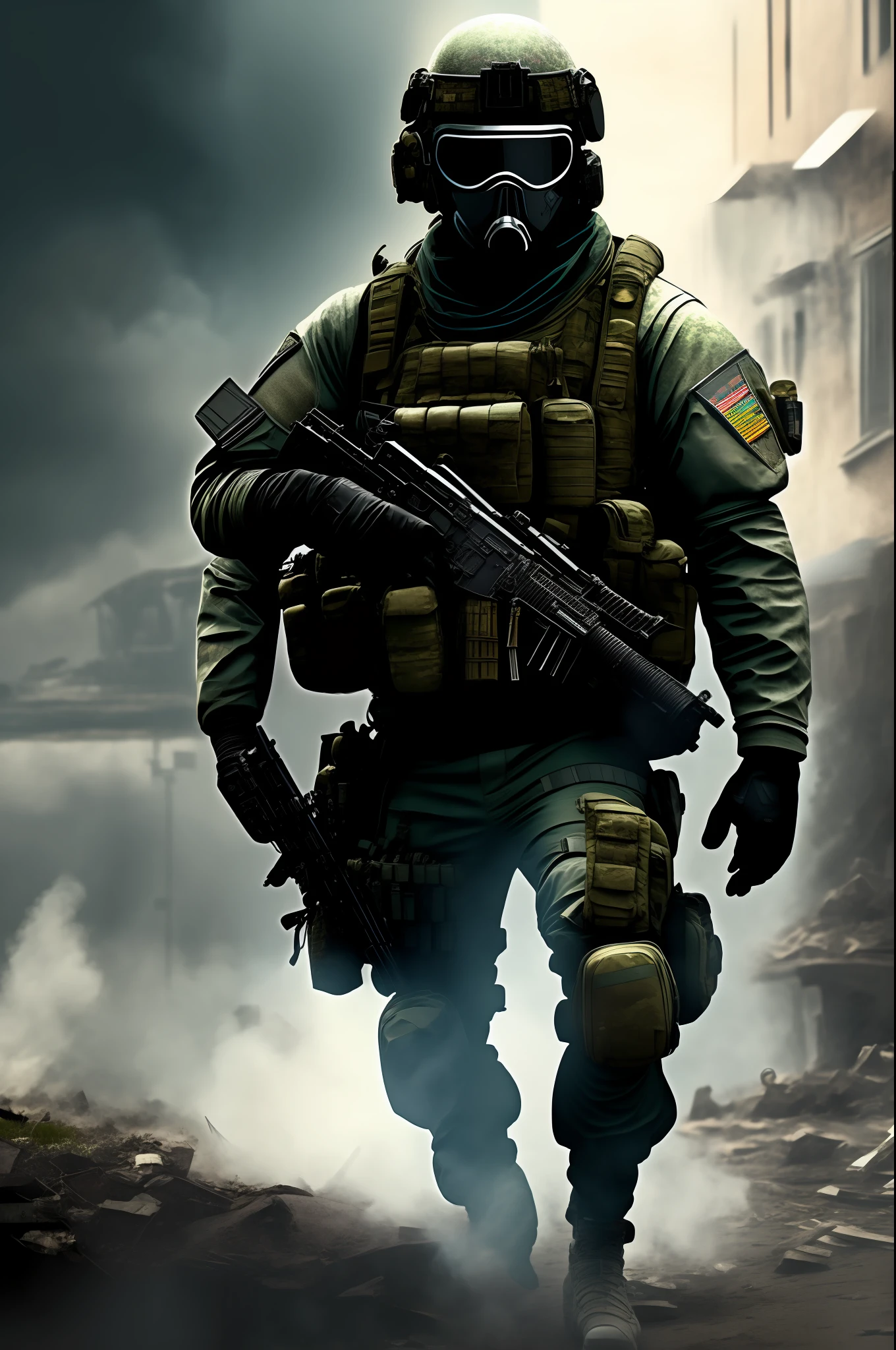 tactical equipment, tactical armor, special forces, photography, full body, aiming gun, front view, abandoned building, smoke, fire, bullet markers. 4k phone wallpaper, hd phone wallpaper, 4k hd wallpaper, ultra realistic, realistic, masterpiece, best quality, high quality wallpaper, battlefield background, 4k wallpaper