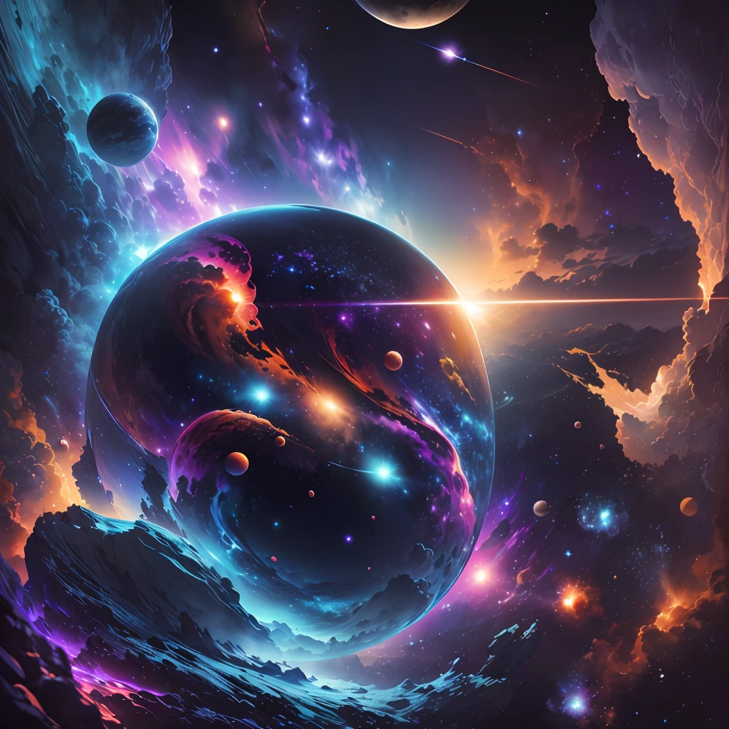 fking scifi, Award-winning poster watercolor (planetstain:0.6), a nebula visible in the background, comet, shooting star, solar eclipse, (fkGPK v2023060603:1.25),