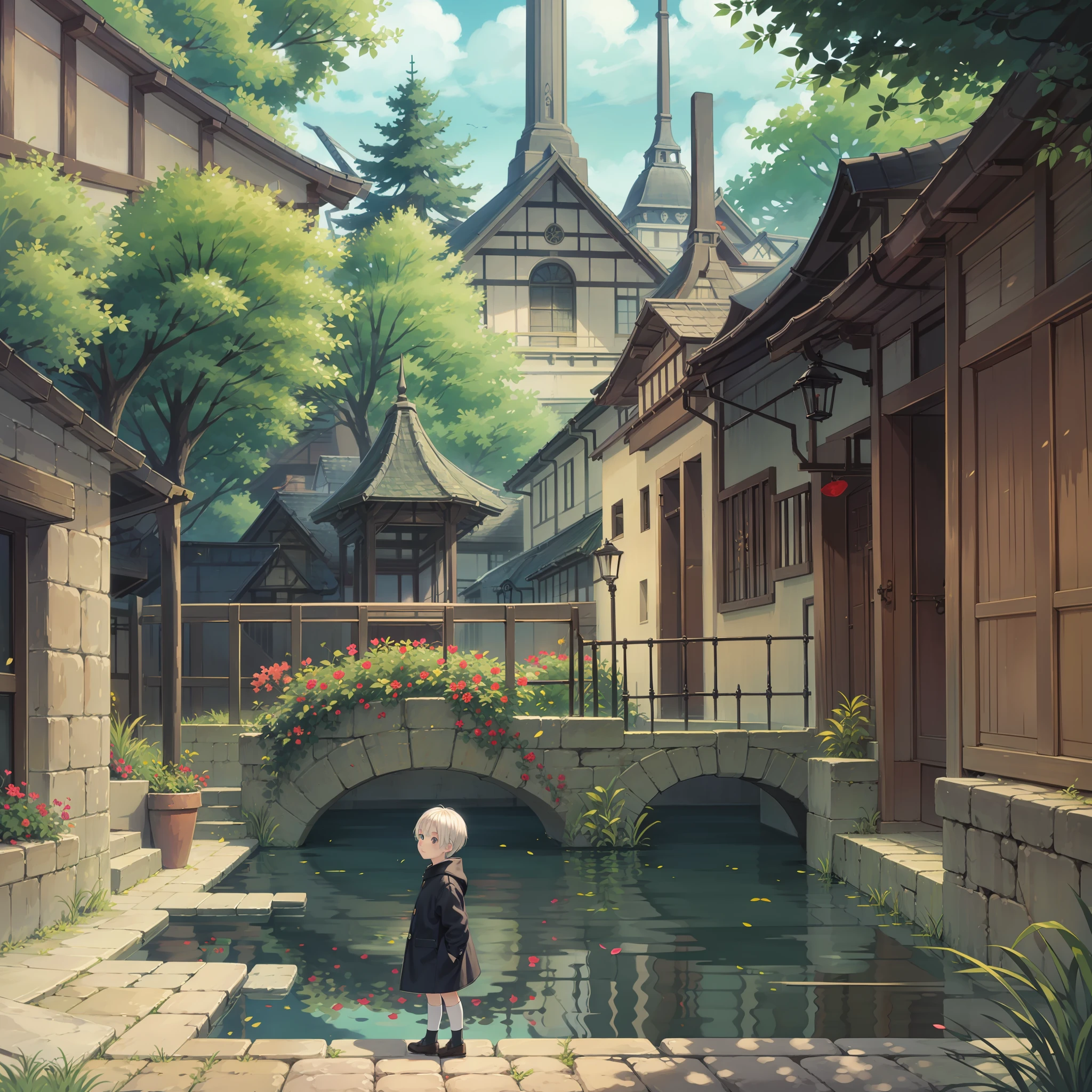 A white-haired  boy with different eyes visiting the temple fair