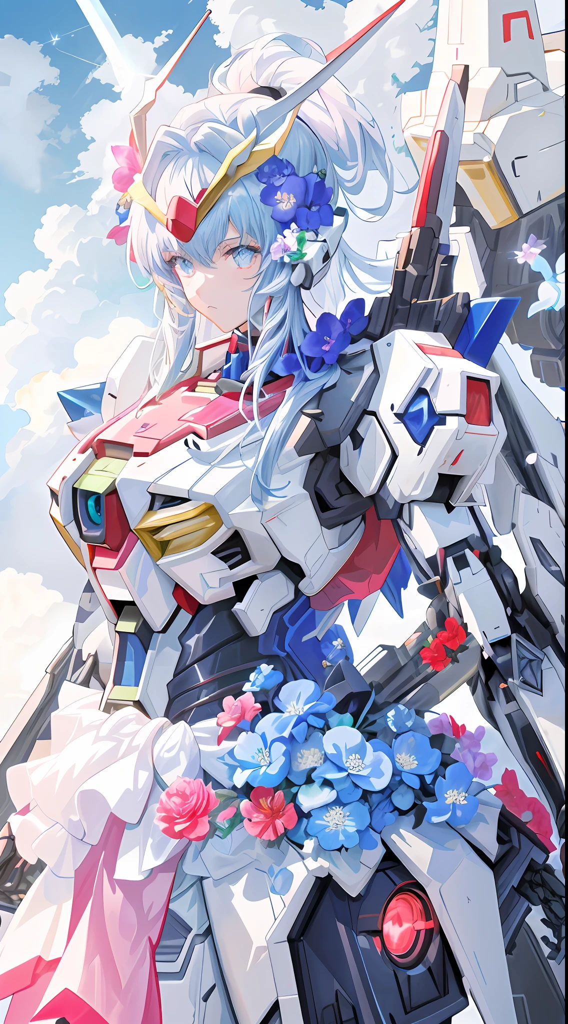 a close up of a person in a costume with a sword, best anime 4k konachan wallpaper, ethereal and mecha theme, mecha asthetic, anime mecha aesthetic, many mech flowers, anime robotic mixed with organic, female mecha, 🌺 cgsociety, kind cyborg girl with flowers, 8k high quality detailed art, gundam style, amazing wallpaper