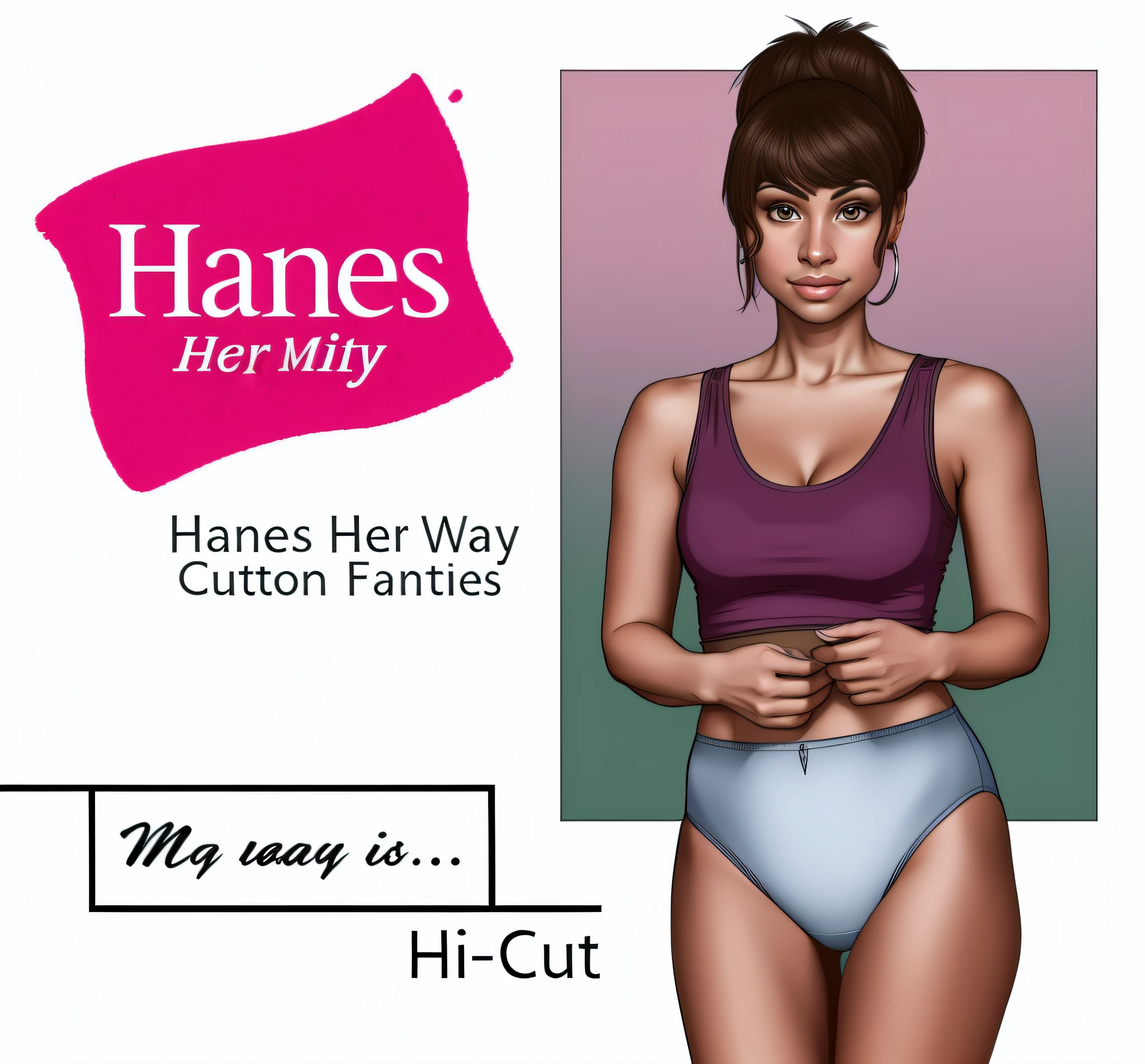 Mixed race woman in magenta tanktop and blue high cut panties, realistic art style, detailed wrinkles