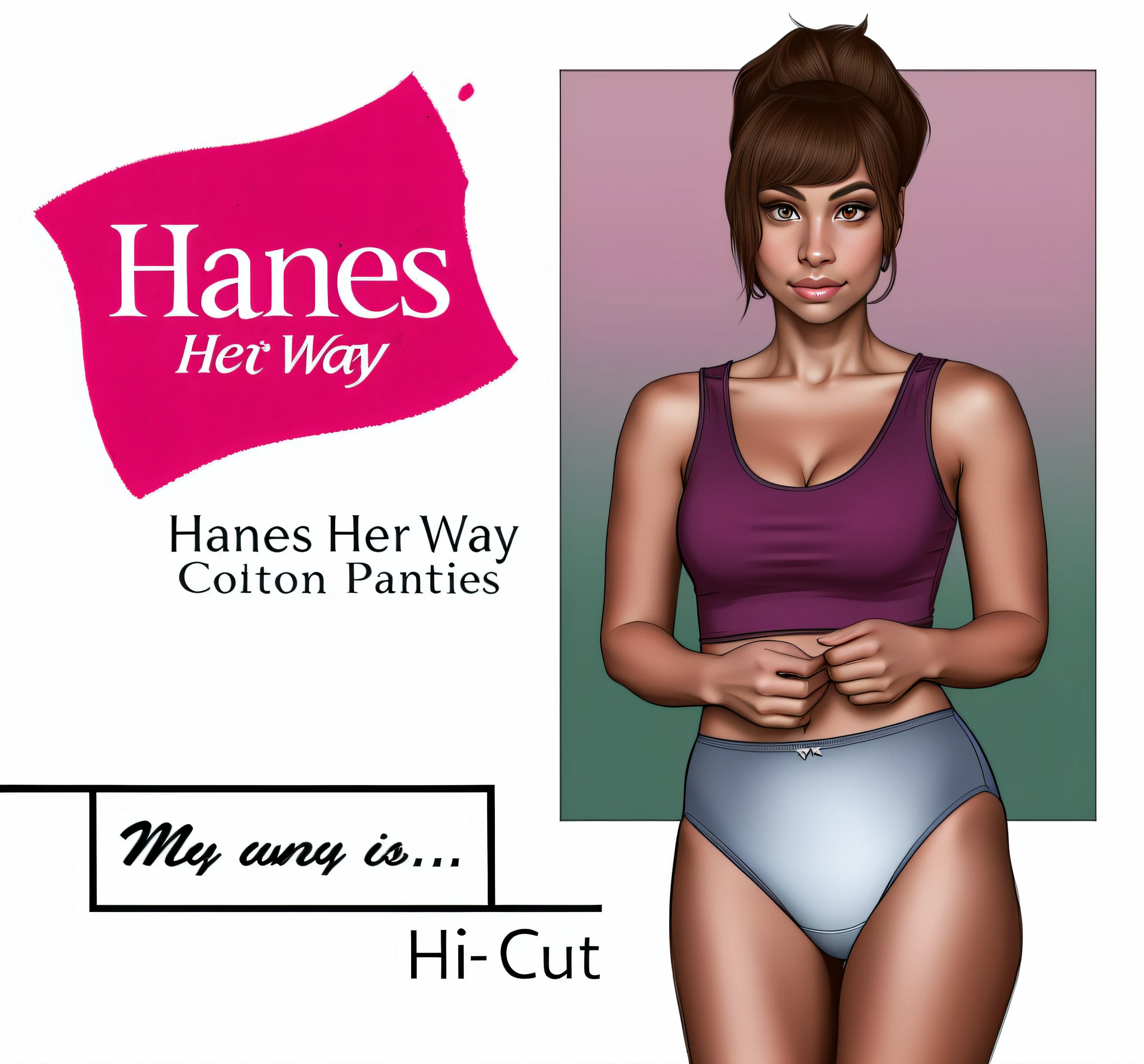 Mixed race woman in magenta tanktop and blue high cut panties, realistic art style, detailed wrinkles