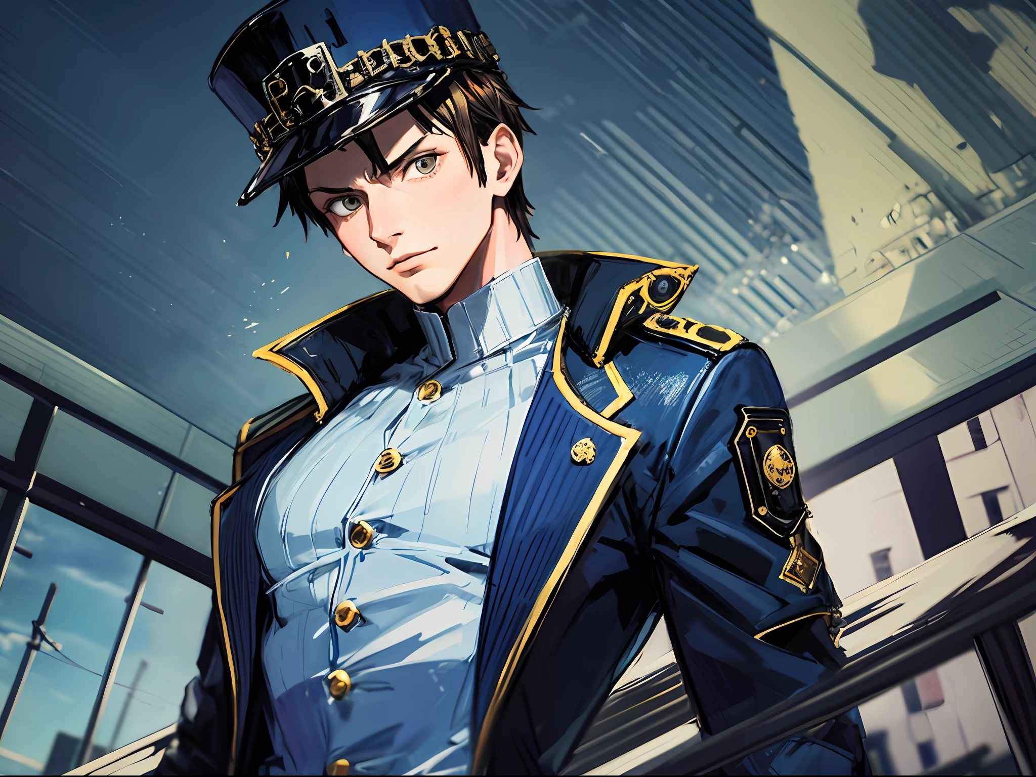 '1990 Screengrab of a male model portraying Trafalgar D. Water Law. Law has cropped, dark hair with eye-catching, jagged bangs and intense, amber eyes. He wears a dark blue Balenciaga coat with an avant-garde, asymmetrical cut and eye-catching gold buttons, highlighting his bold and mysterious style. Underneath the coat, he wears a tailored white shirt with a high collar and tight black pants. He has a cool and confident charisma while wearing his signature hat and posing with his stethoscope around his neck. On the catwalk, Law, with his keen fashion sense and aura of authority, embodies the powerful presence of the Balenciaga collection. Balenciaga commercial, aspect ratio 3:2, aspect ratio 5:4.'