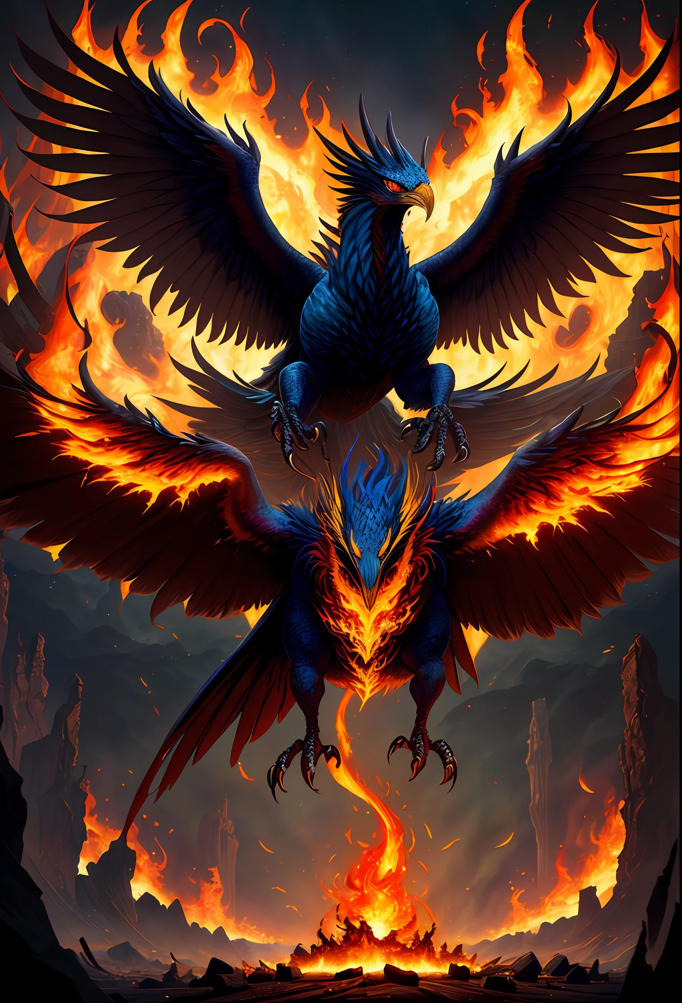 ((best quality)), ((masterpiece)), ((surrealism)), ((surrealist fantasy style)), Jim Lee's beautiful intricate soft oil painting, mythical birds of prey, facing the audience, a stunningly beautiful and powerful monster phoenix erupting from the ashes, awesome legendary turkey, (vibrant rainbow flames everywhere, colorful flames, spiral hell: 1.5), huge symmetrical flame wings, ultra-detailed feathers, sharp claws, Unmatched magical energy, soft edge lighting, (flying), professional, soft volumetric lighting, depth of field, film grain, smoothness, roughness, real life, warm vibrant color palette