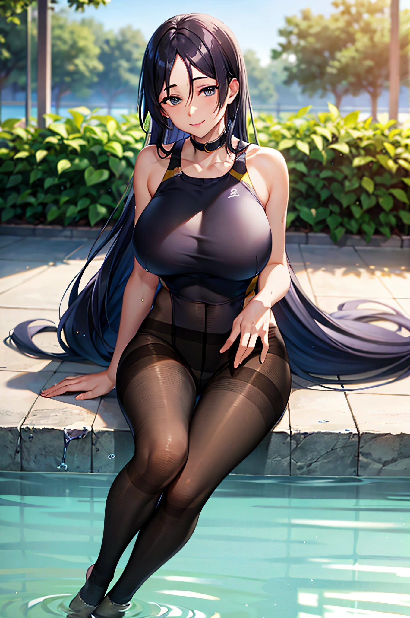 Masterpiece, best quality, high resolution, HS1,barefoot, knee up, (black pantyhose:1.5) sitting, competition swimsuit, looking at the spectator, pool, long hair, big breasts, smile, outdoor, in the water, full body, sunlight, dappled sunlight, daytime, depth of field, wet gorund,
