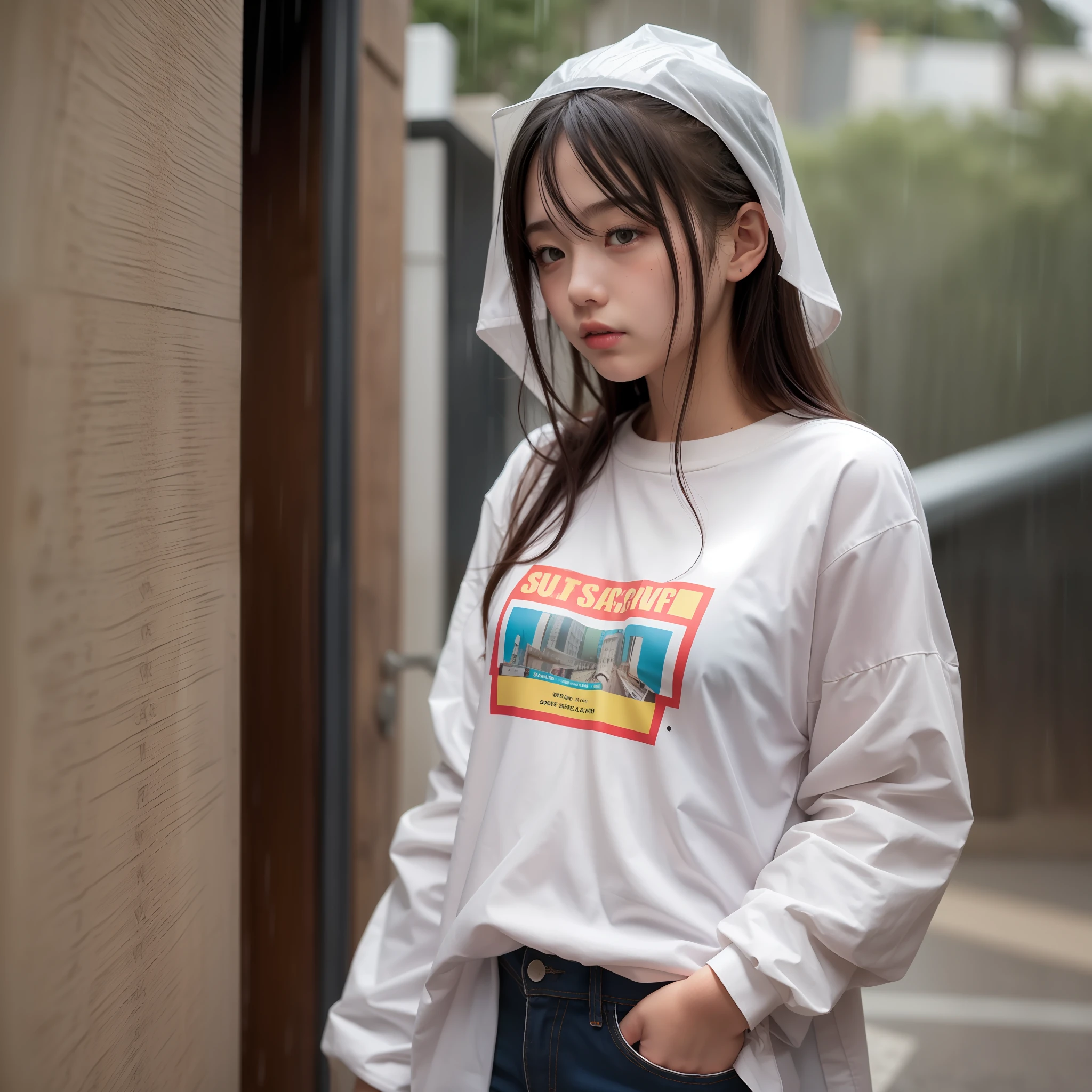 Super oversized shirt stuck in the rain, braless, 16 years old