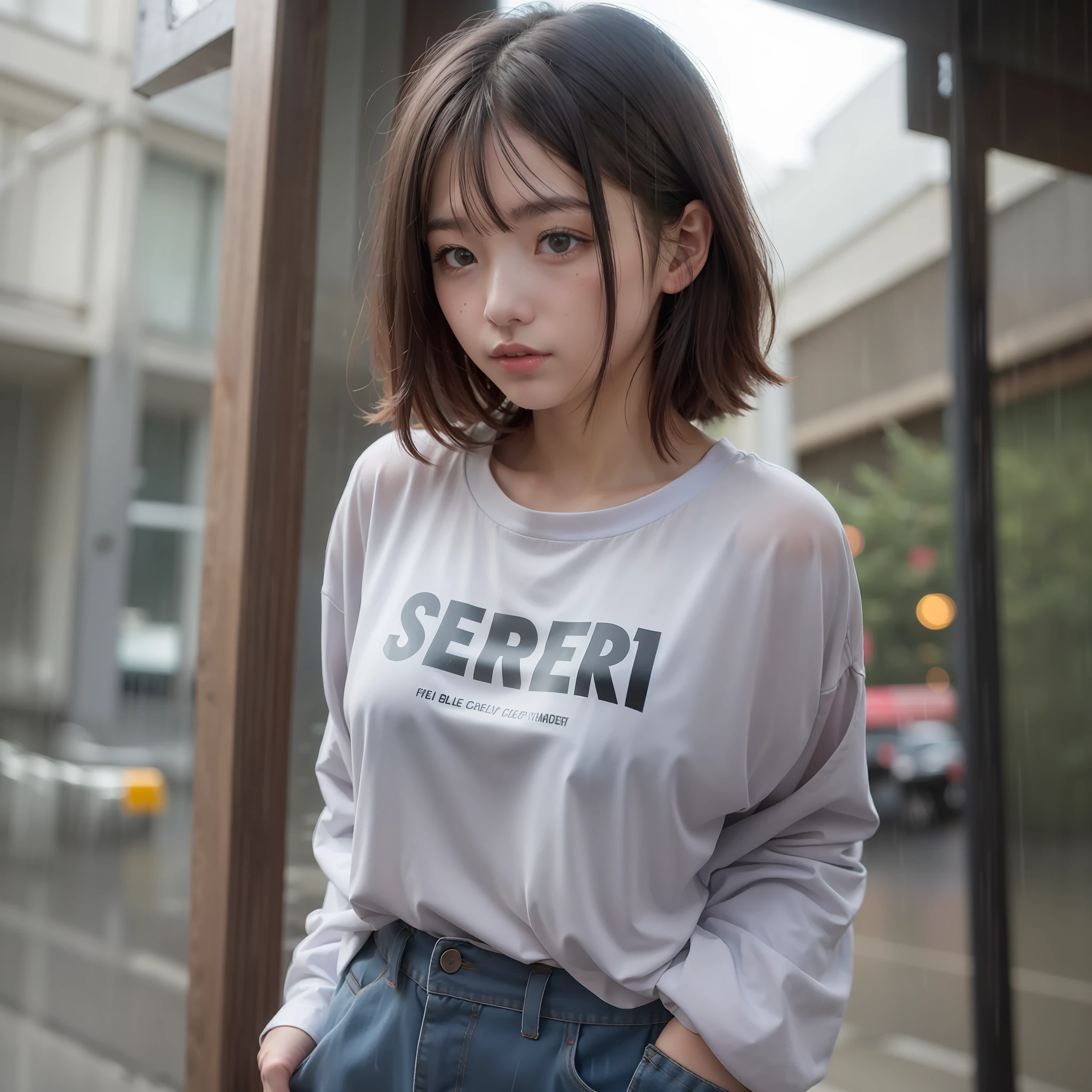 Super oversized shirt stuck in the rain, braless,