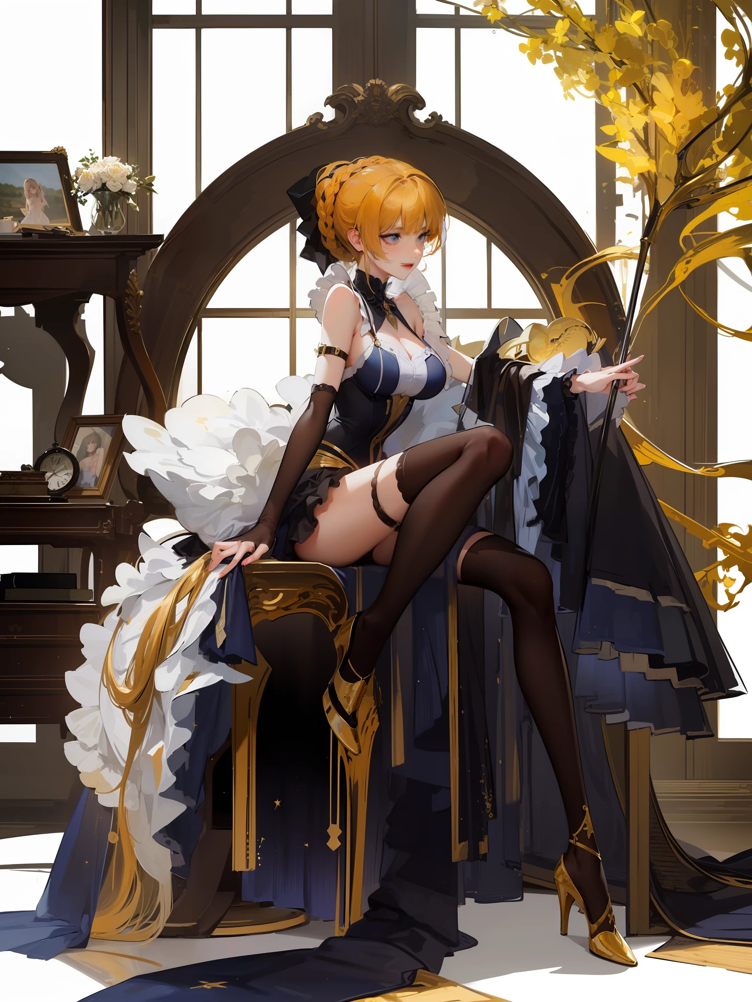 (Best Quality, Ultra High Resolution), White Background, Full Body, Solo, Masterpiece, 1 Girl, Light Gold Bangs, Extremely Beautiful Eyes, Wide Angle, Standing Style, Detailed Face, Realistic Face, Lots of White Space, (HDR:1.4), Dramatic, Intricate Details, Big Breasts, Ultra Detail, Crazy Smile, Sick, Elegant, Sexy, Mature, Proud Expression, Queen Style, Golden Killer, Golden Witch, Dynamic Lifelike, Blushing, Indecent Expression, Bloodstain, Spraying Blood, ( Beatrice (umineko): 1.2), (glowing blue eyes: 1.2), vivid hands, anatomically correct, translucent black silk, swimsuit, bikini, gold heels, gown, arrow tail, sitting on a griffin chair.