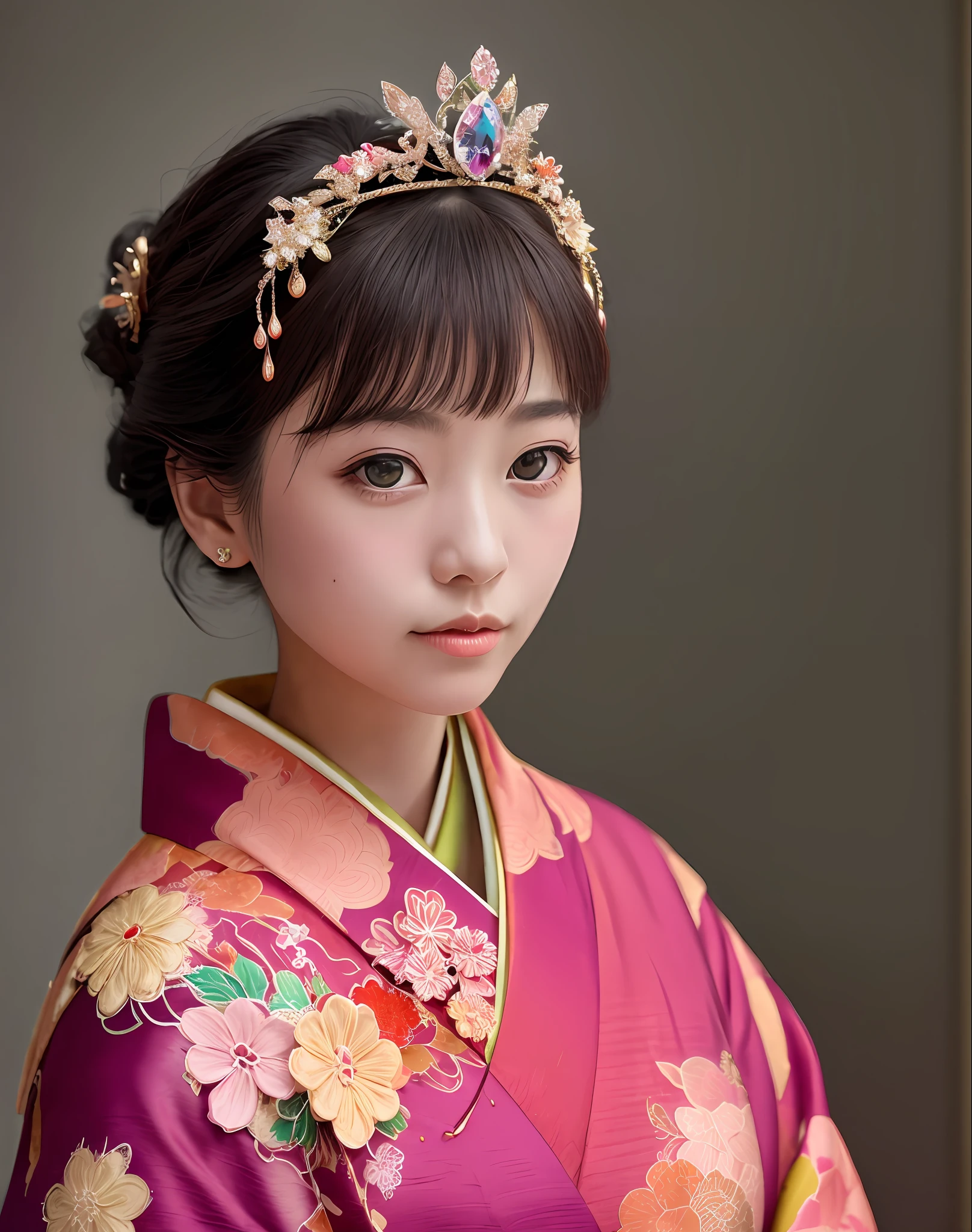 Masterpiece, ridiculous, award winning photo, very detailed, stunning, fine detail, very detailed eyes and face, photo stock photo by Lee Jeffries Nikon d850 film 4 kodak portra 400 camera f1.6 lens rich colors ultra-realistic realistic textures dramatic lighting Unreal Engine trend artstation cinestill 800 tungsten, beauty, kanzashi tiara, woman in kimono, wearing kanzashi tiara, Seductively look at the audience