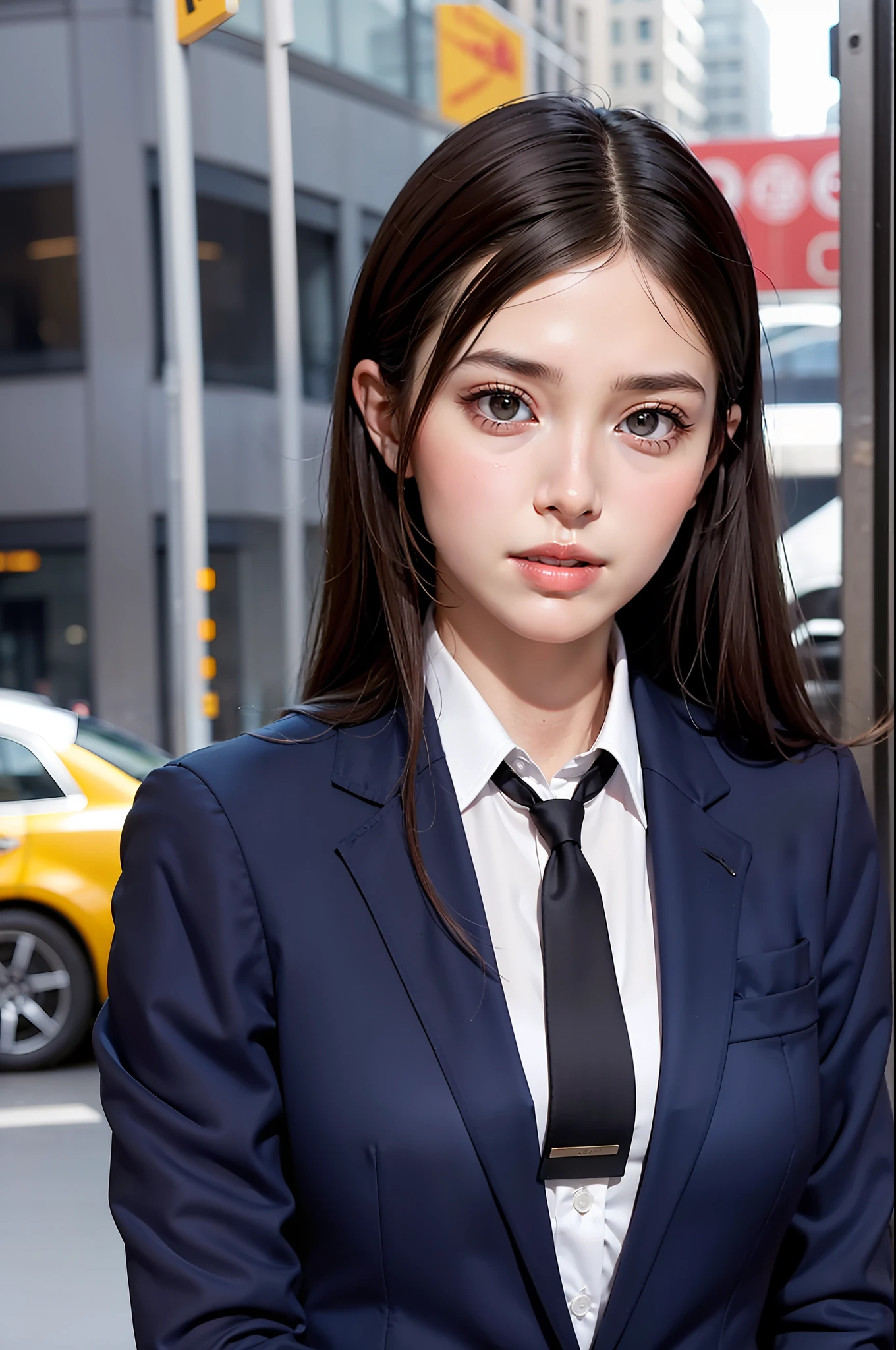 1girl,solo, parted lips, office lady, business suit ,
street,city, arms behind head, looking at viewer, realistic,