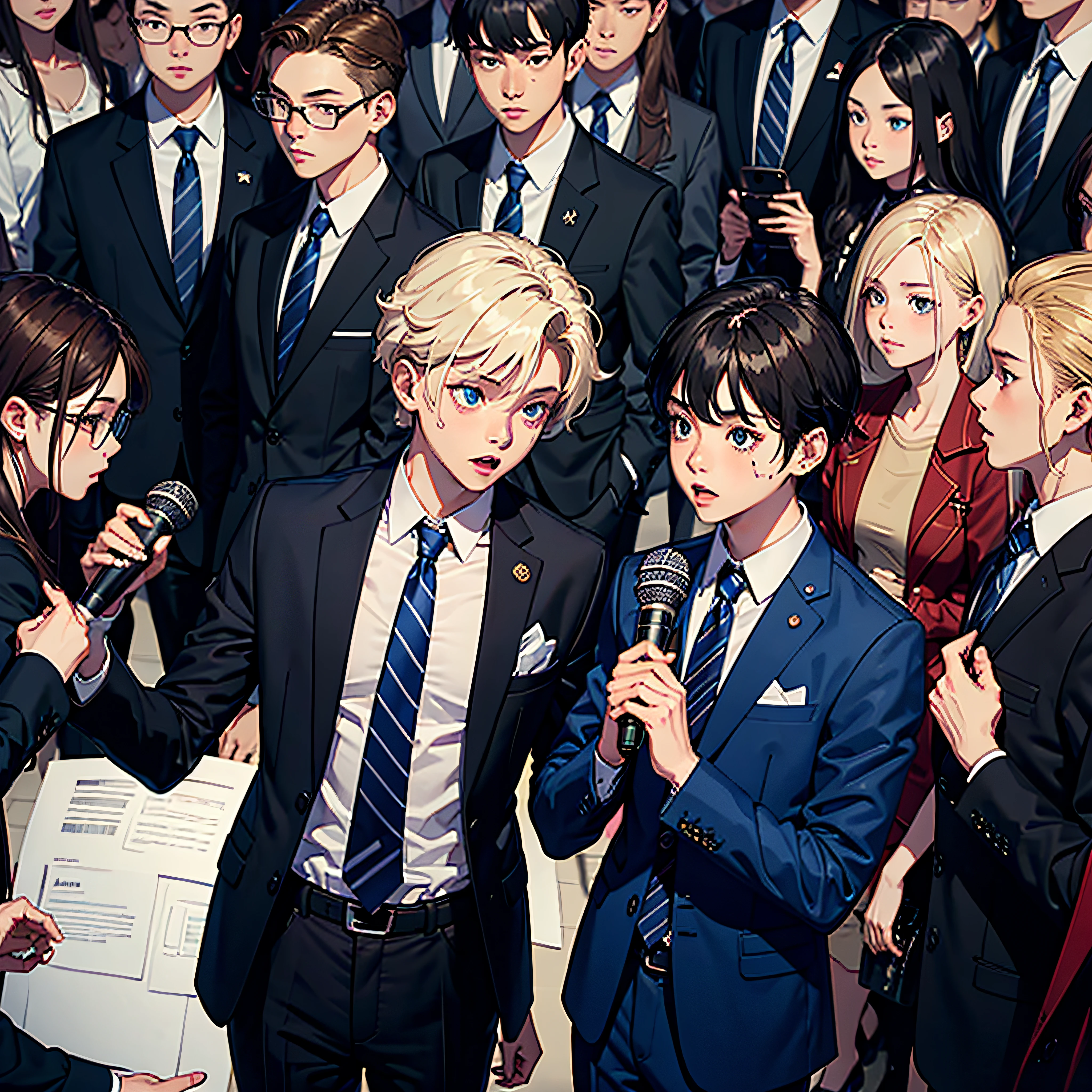 Masterpiece, Acura, Shirt, Multiple Boys, Jacket, Tie, 6+ Boys, White Shirt, Brunette Hair, Long Hair, Blonde Hair, Suit, Formal, Collared Shirt, Black Jacket, Held, Long Sleeves, Open Mouth, Blue Tie, Multiple Girls, Blue Jacket, Striped Tie, Tank Top, Brown Hair, Short Hair, Black Shirt, Look at Another Line, Phone, 1 Girl, Jewelry, Shut Up, Bangs, Scars, Stripes, Pants, News Section, Poster, Microphone,