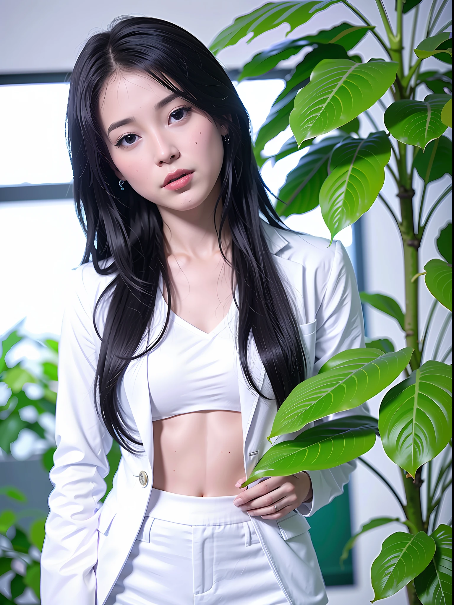 Nikon RAW photo,8 k,Fujifilm XT3,masterpiece, best quality, realistic, photorealistic, ultra detailed, 1girl, standing, closeup, windblown black hair, long hair, makeup, red lips, perfect skin, white skin, (office suit:1.1), ray tracing, plants, soft lighting, morning, sunray, ultra high res, best shadow,