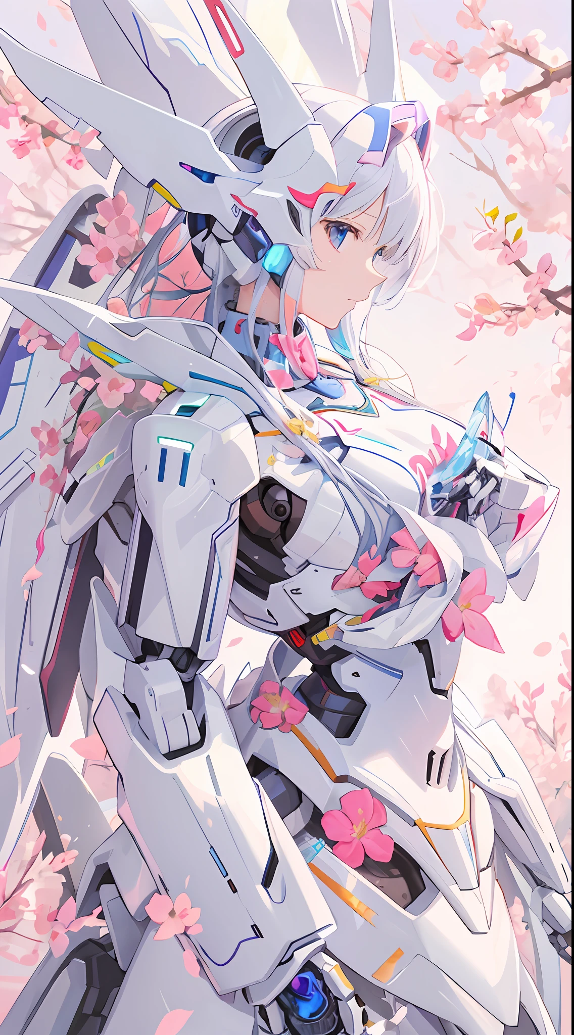 there is a close up of a robot with pink flowers on it, anime mecha aesthetic, ethereal and mecha theme, best anime 4k konachan wallpaper, many mech flowers, mecha asthetic, anime wallpaper 4 k, anime wallpaper 4k, 8k high quality detailed art, anime robotic mixed with organic, 4k anime wallpaper