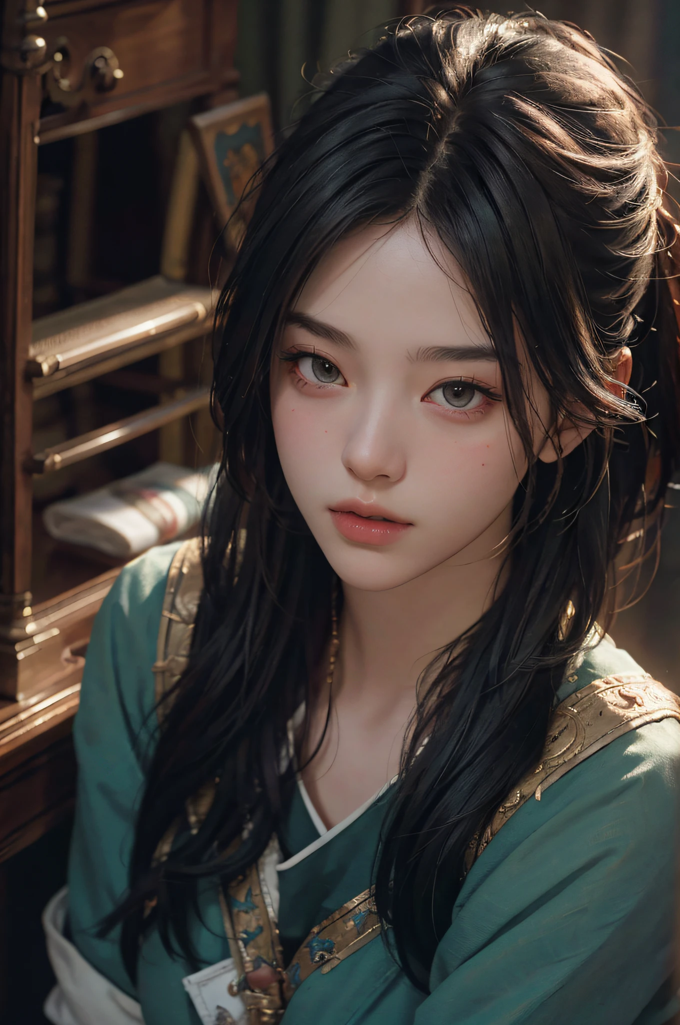 (RAW photo, best quality), (realistic, photo-realistic:1.3), best quality, highly detailed, masterpiece, ultra-detailed, illustration, dynamic lighting, a very beautiful face face, 4K, 1girl, upper_body, dynamic angle, world mastery theater, messy_long_hair, best quality, extremely detailed CG unity 8k wallpaper, ink, amazing, cinematic lighting, lens_flare, dunhuang_style