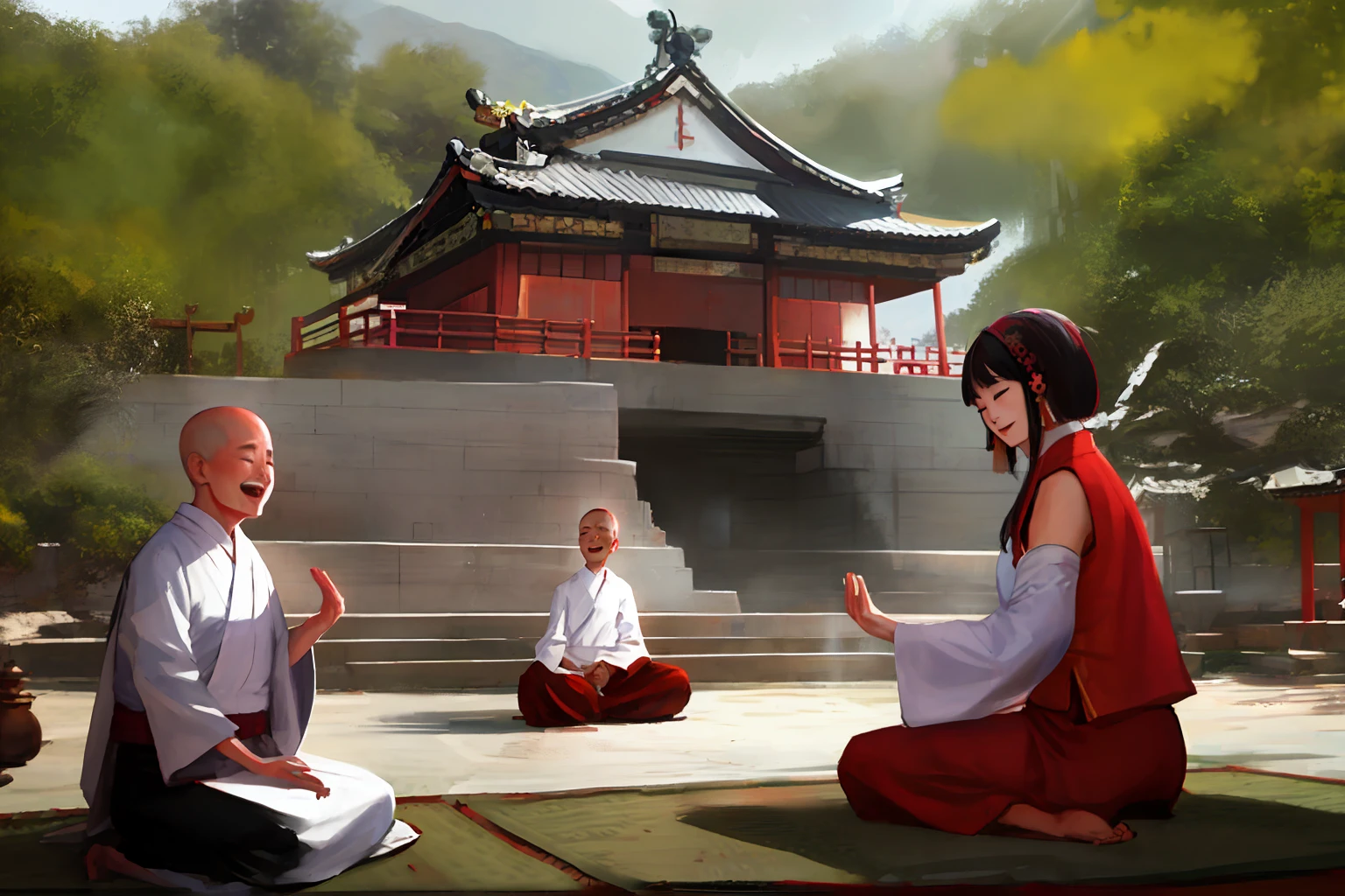 Adults monk meditating, Chinese temple, ultra-realistic 4k, laughing.