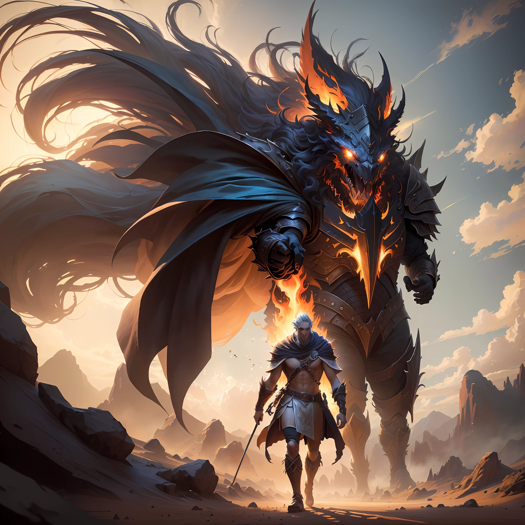 there is a man that is walking next to a giant monster, epic fantasy digital art style, epic fantasy game art, 4k fantasy art, d&d trending on artstation, epic fantasy art style, epic fantasy style art, epic fantasy art style hd, epic fantasy artwork, epic rpg artwork, epic fantasy illustration, detailed digital 2d fantasy art