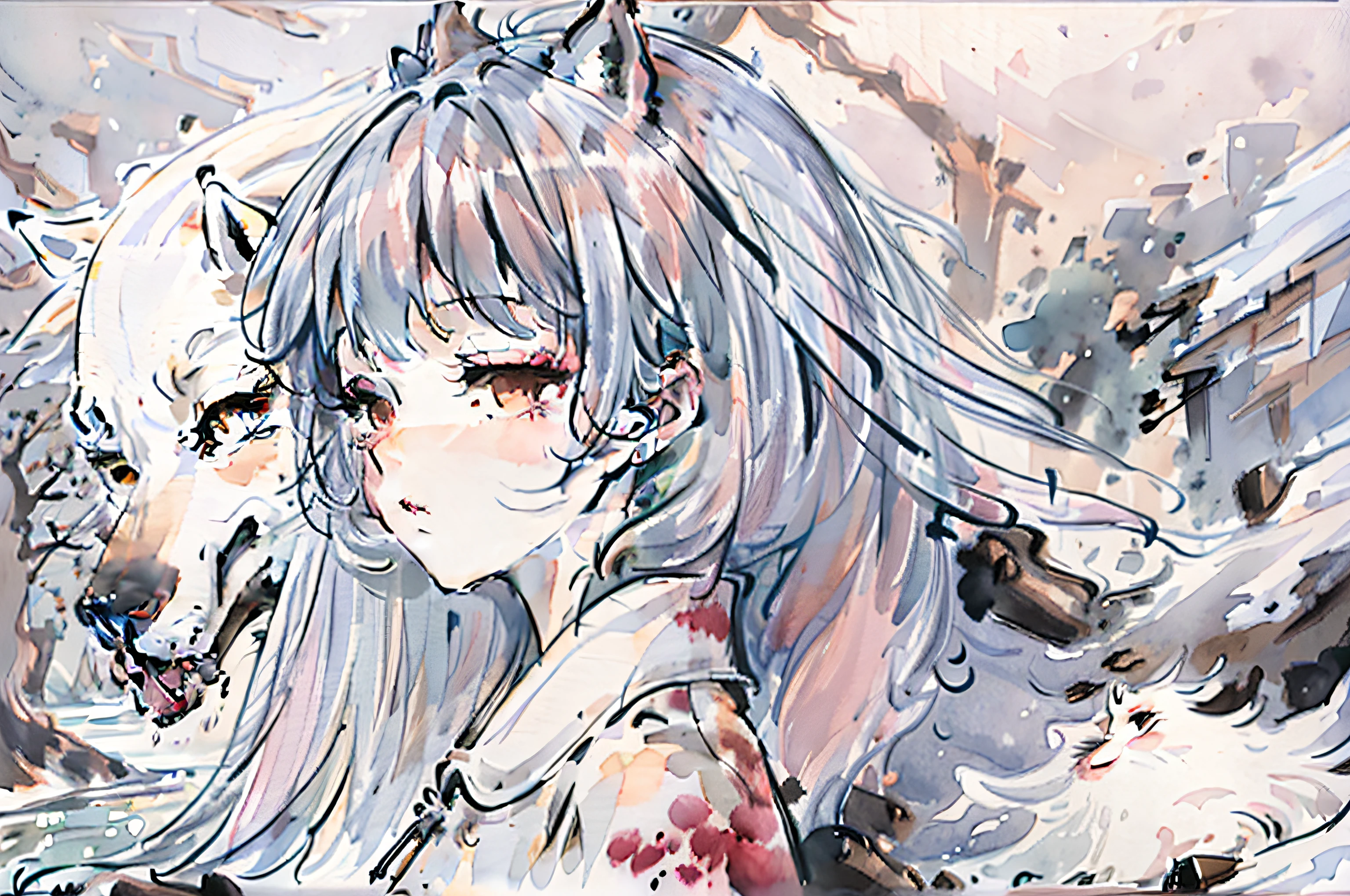 Face image of profile woman and profile wolf interlaced with images of nature, pastel tones, watercolor, 8k
